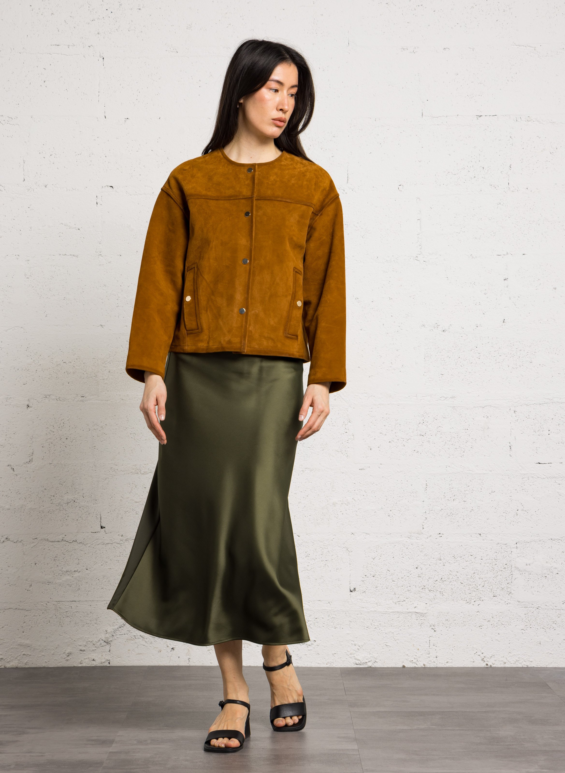 Veste droite col rond en cuir velours vip MAISON 123 Marron