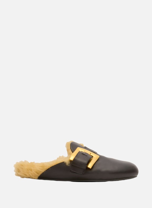 Mules plates en cuir et fausse fourrure Noir by BALMAIN BALMAIN Mules plates en cuir et fausse fourrure Noir