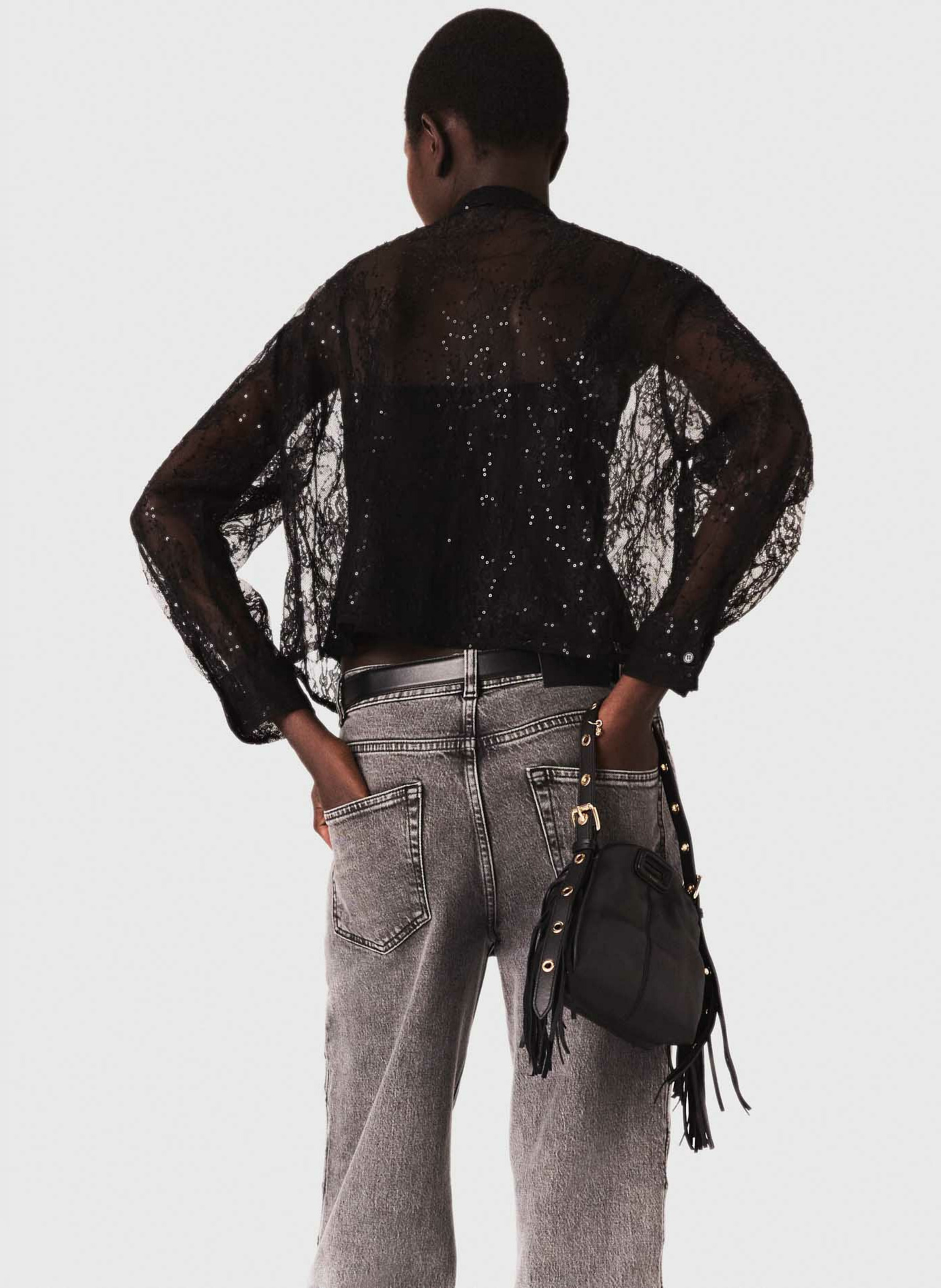 Chemise droite col lavallière à dentelle MAJE Noir