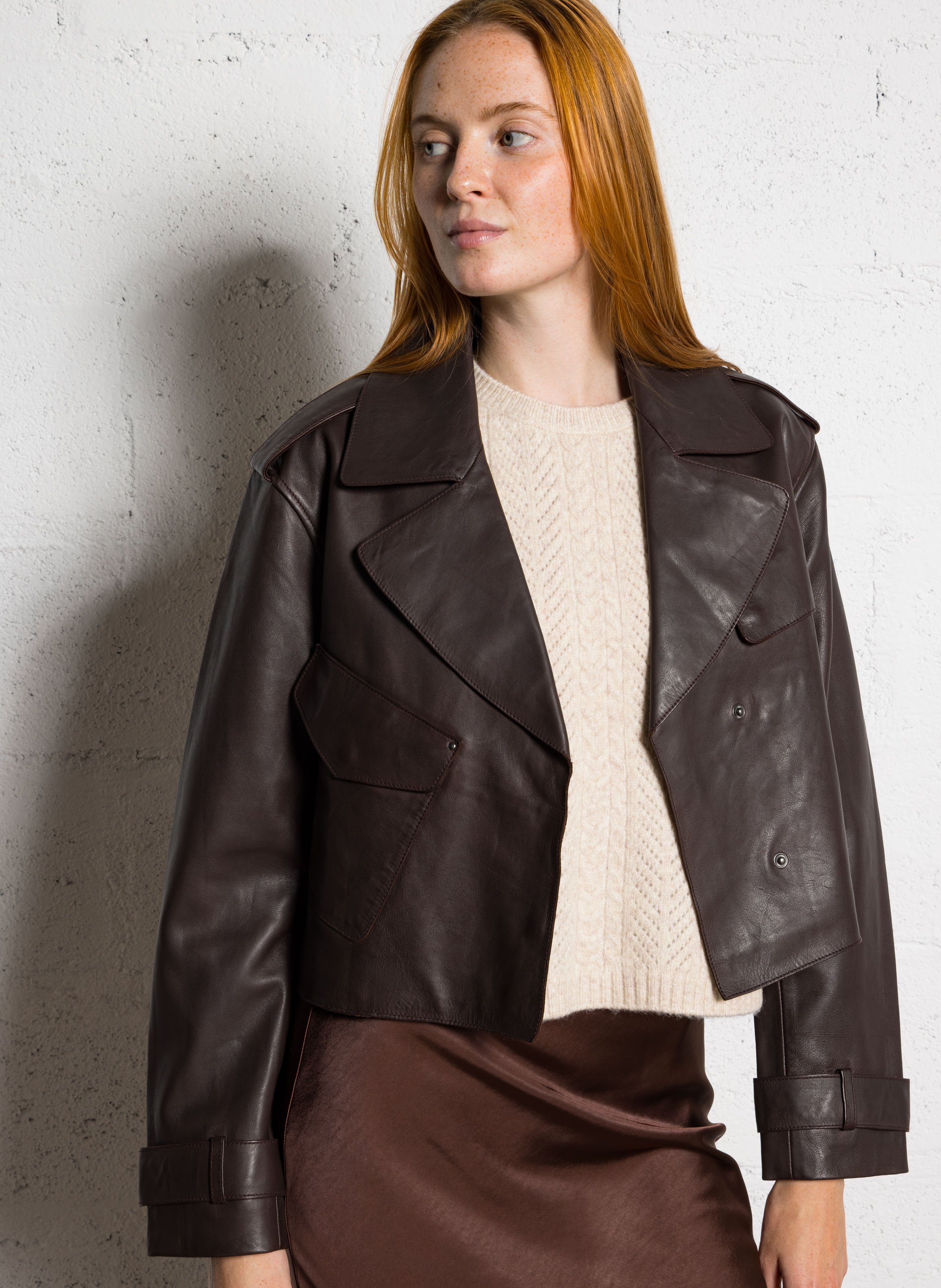 Blouson col tailleur en cuir IKKS Marron