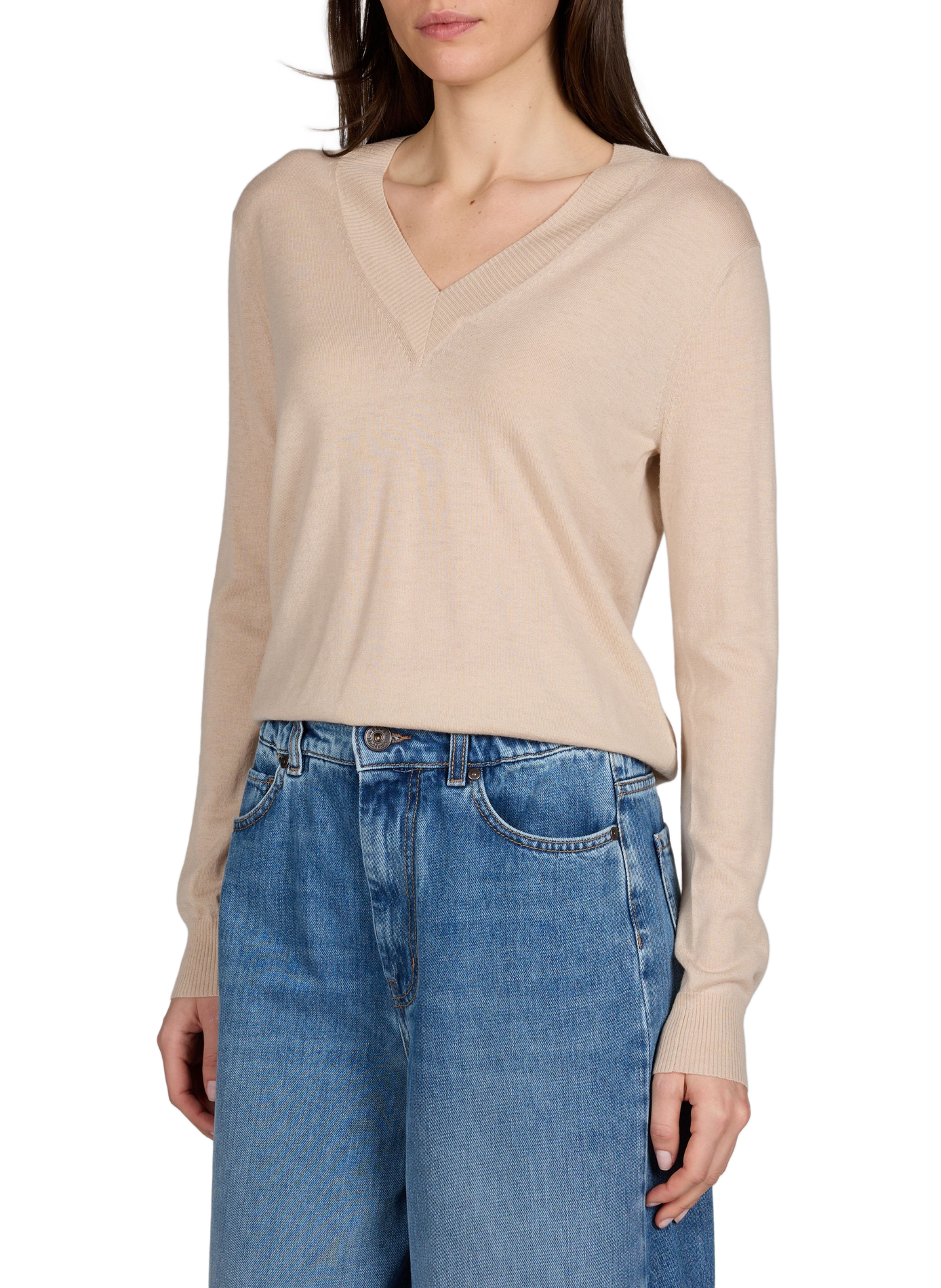 Pull col V en laine et cachemire MAX MARA WEEK END Beige