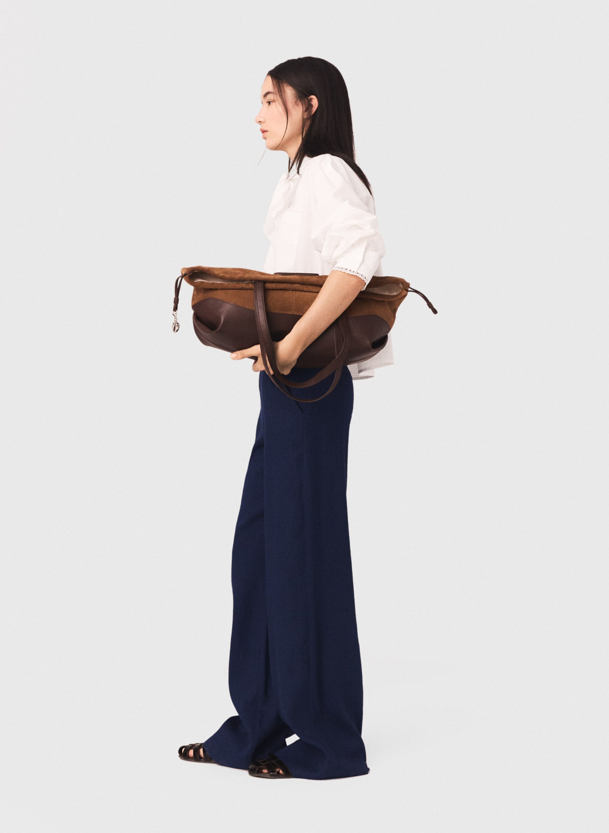 Pantalon large boutonné en lin mélangé MAJE Bleu
