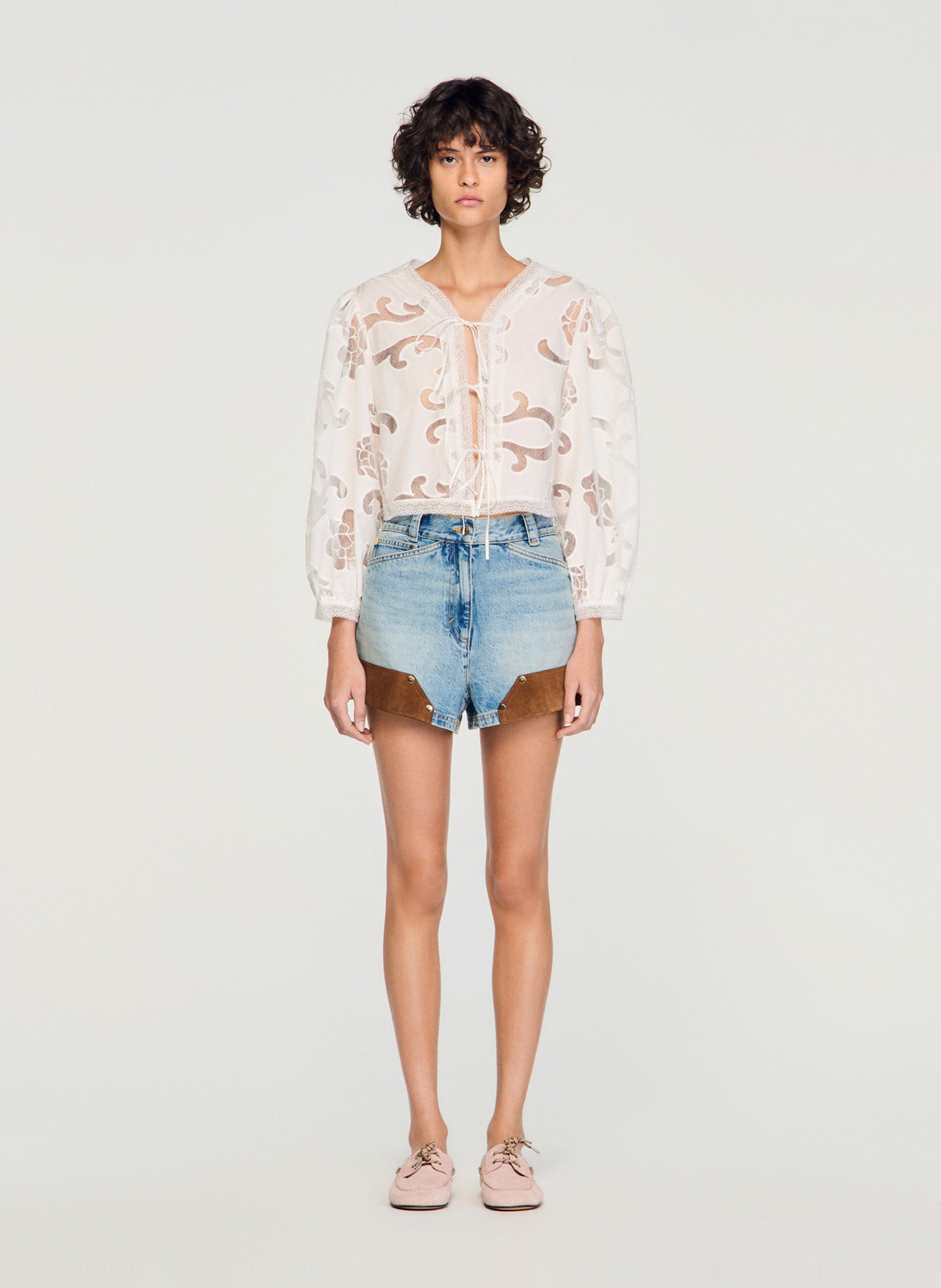 Blouse col rond en coton mélangé SANDRO Beige