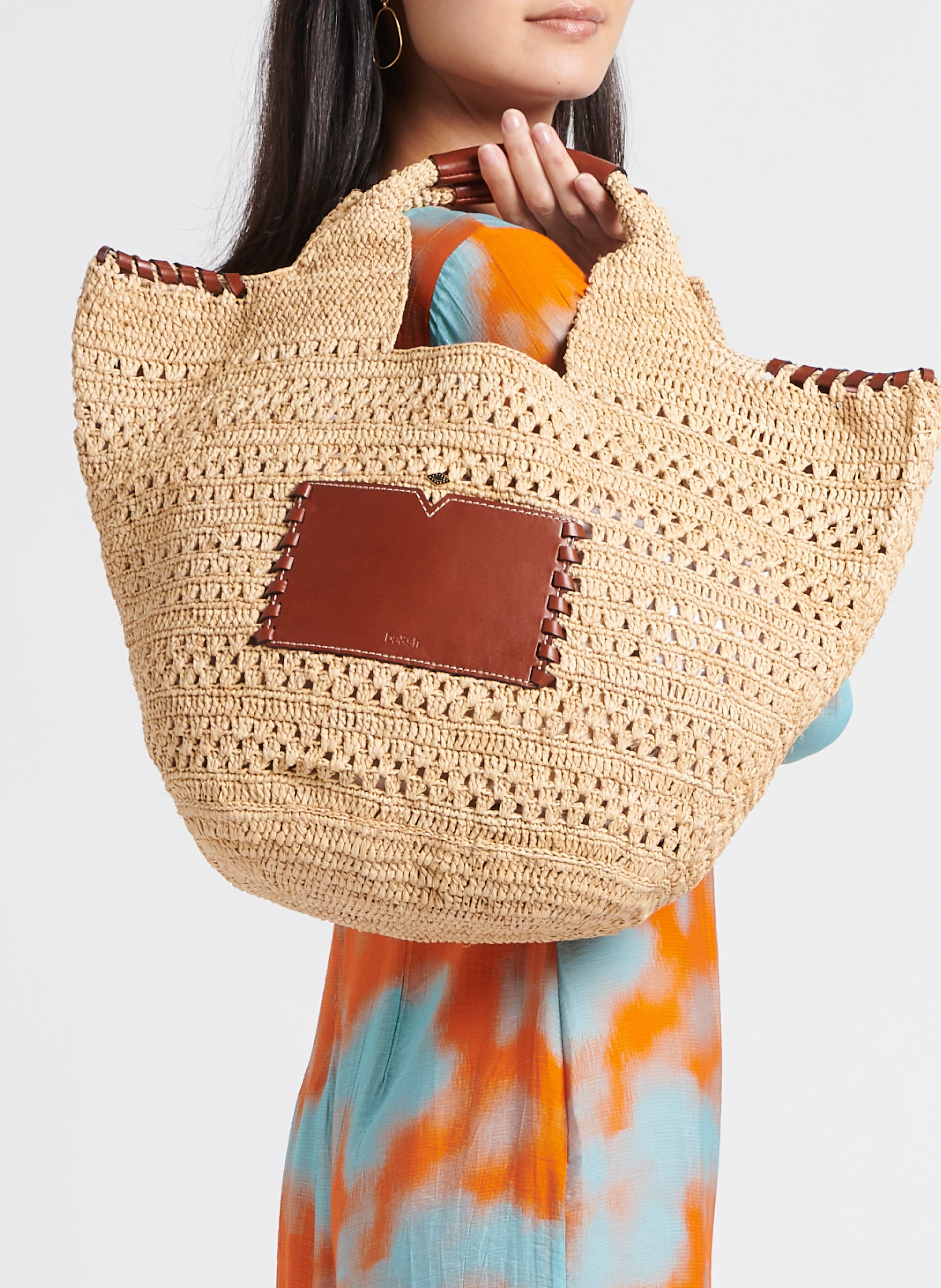 Sac cabas en paille et cuir ara BA&SH Marron