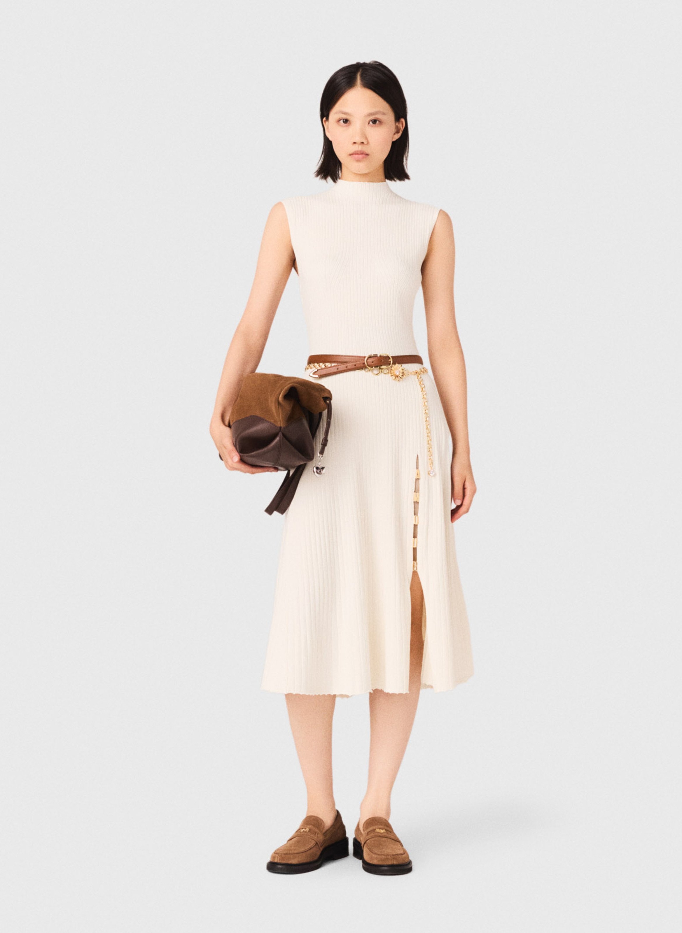 Robe midi col rond en maille côtelée MAJE Beige