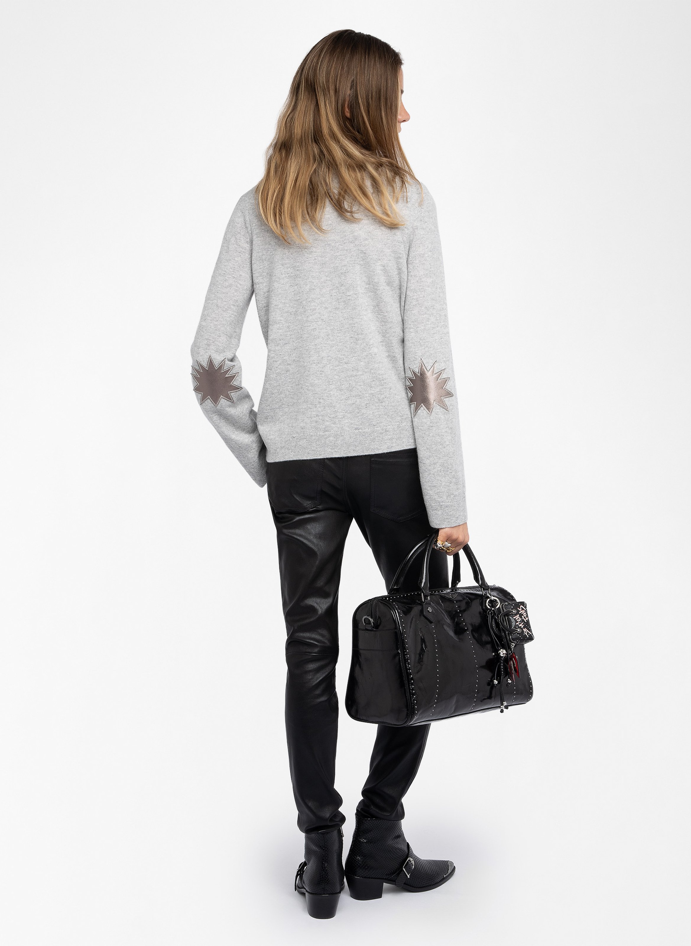 Pull col rond avec patchs en cuir cara ZADIG&VOLTAIRE Gris