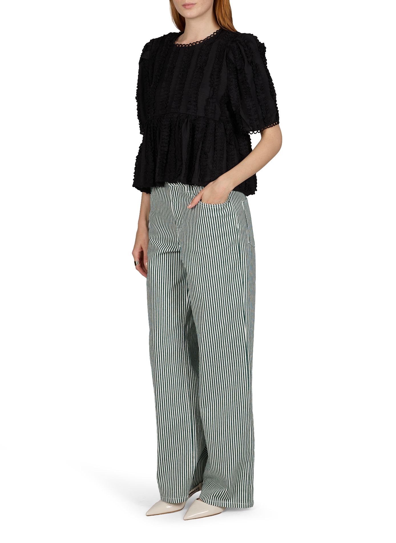 Top with ruffled round neckline scalloped OBJECT Black