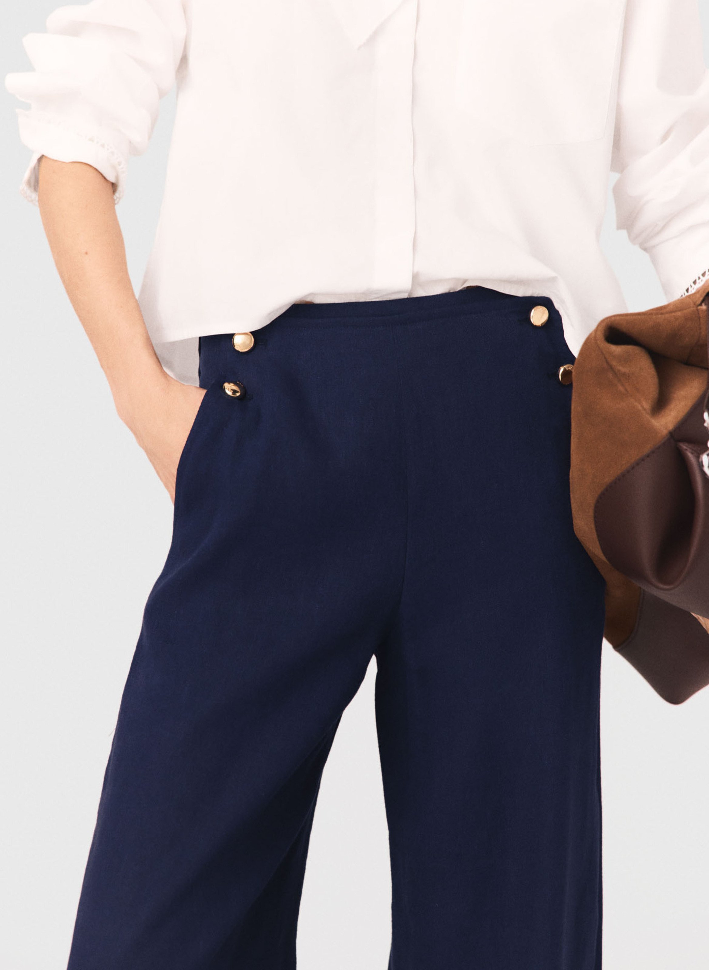 Pantalon large boutonné en lin mélangé MAJE Bleu