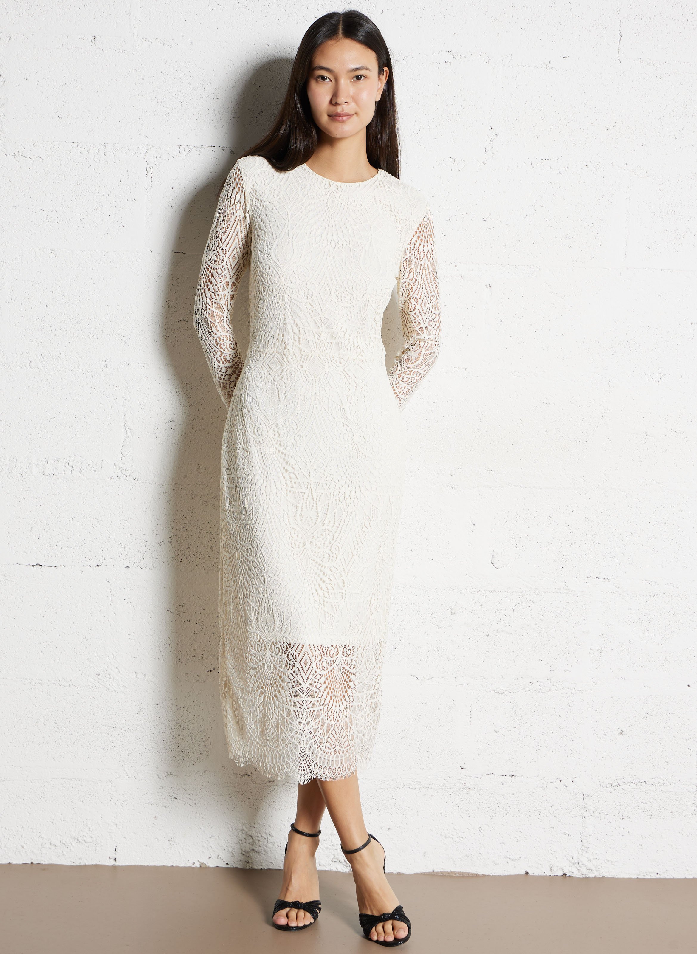 Robe longue col rond en dentelle IKKS Blanc