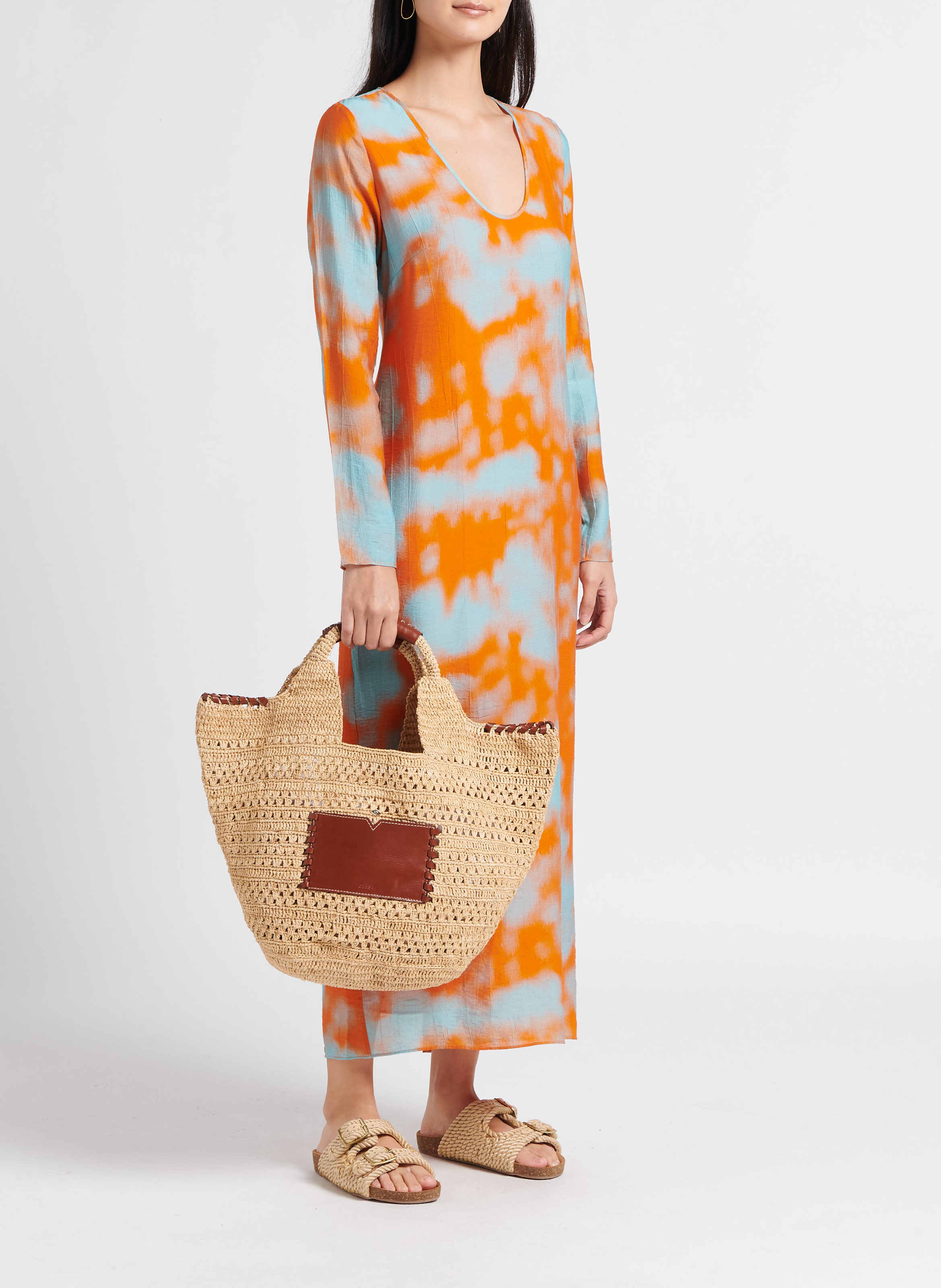 Sac cabas en paille et cuir ara BA&SH Marron