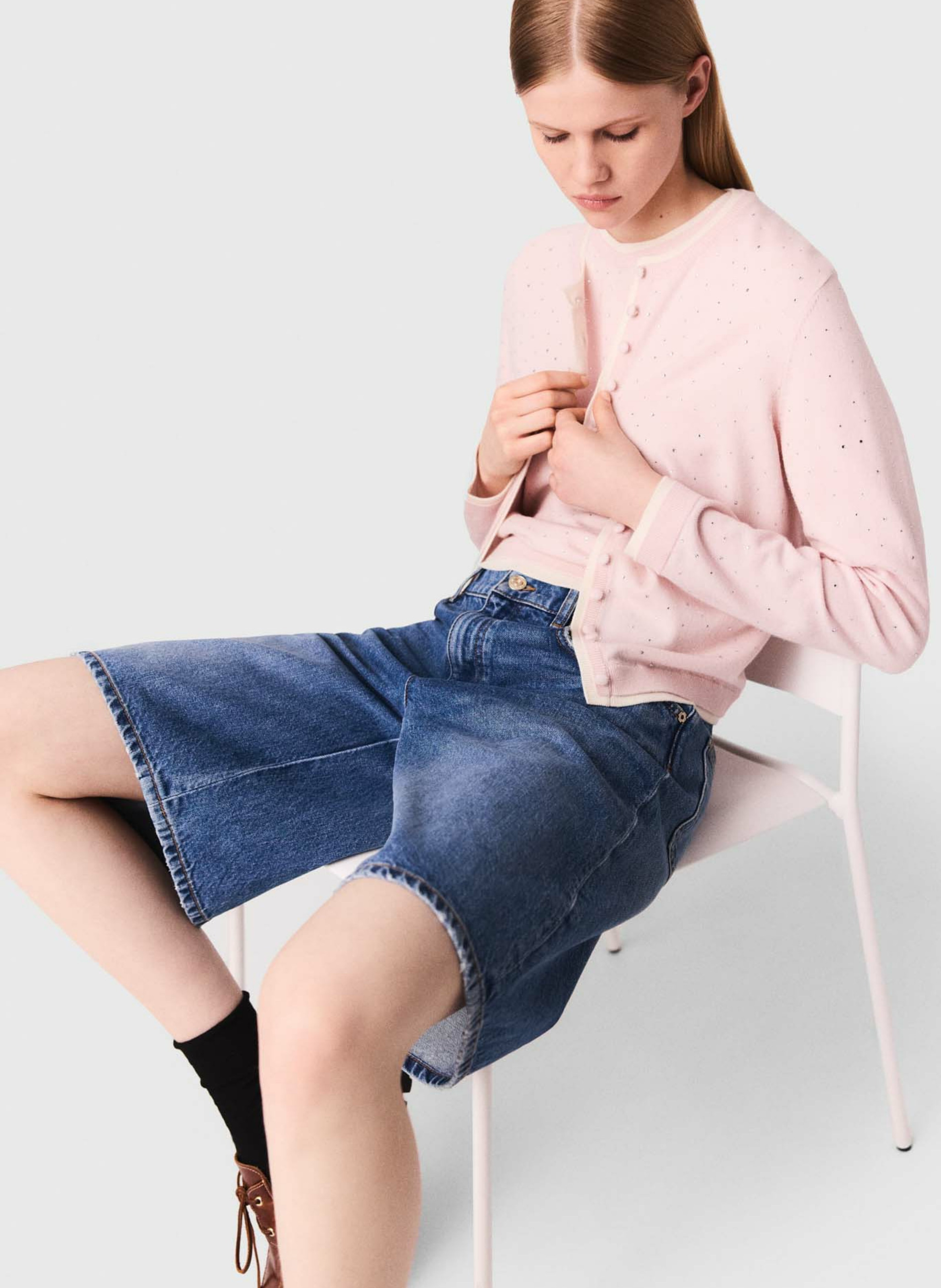 Cardigan droit en laine mélangée Rose