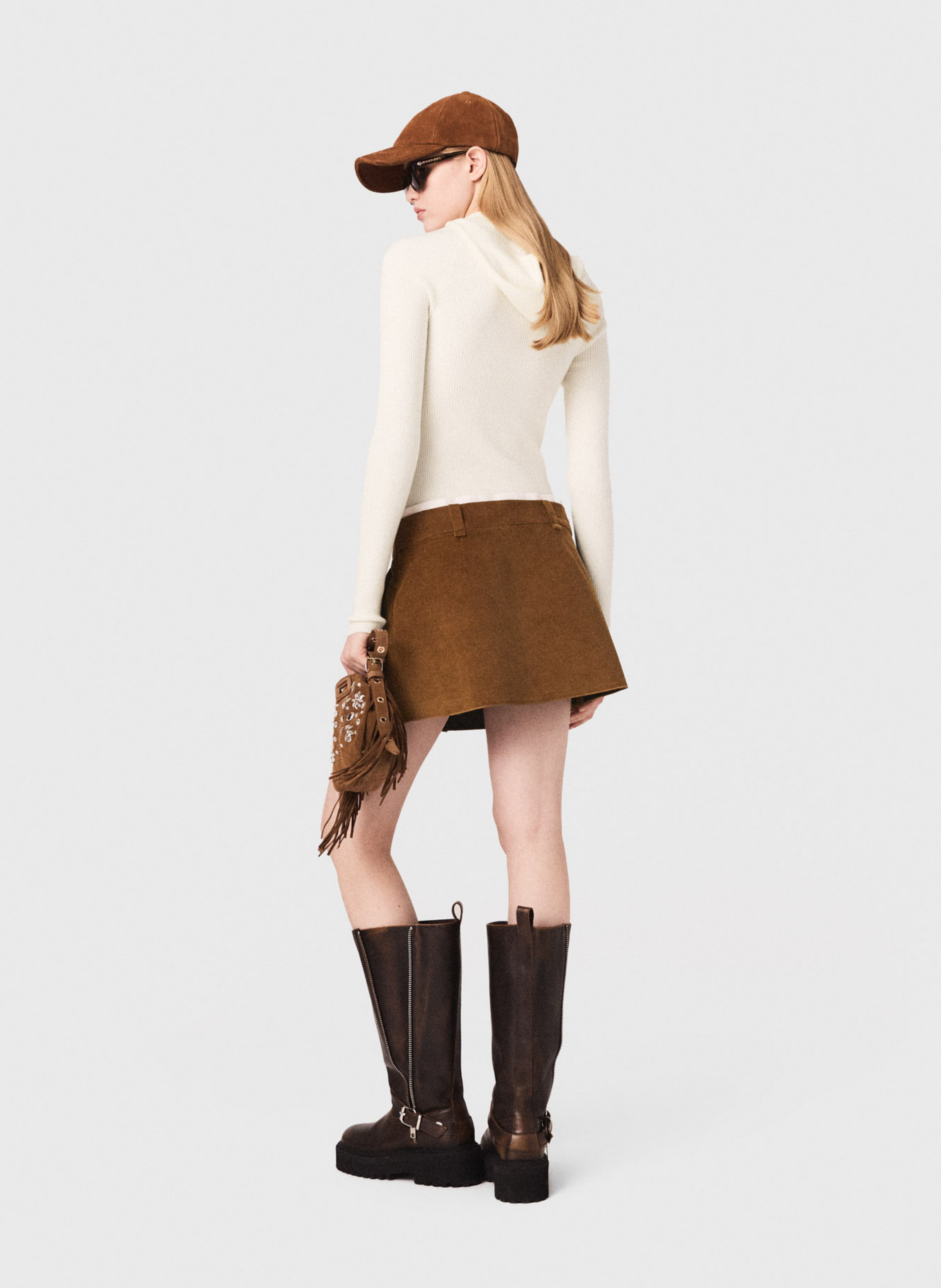 Jupe courte plissée en coton mélangé MAJE Marron