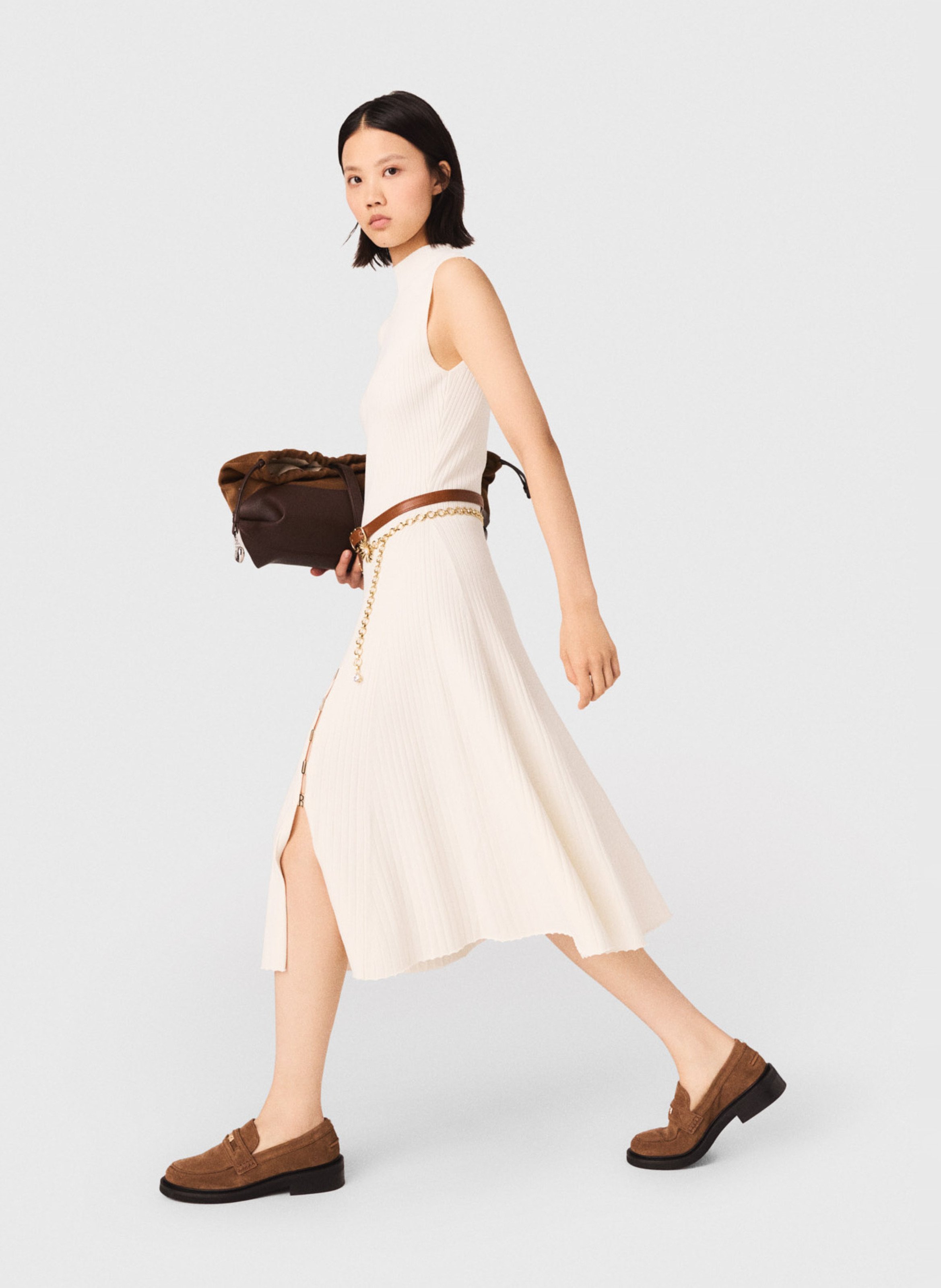 Robe midi col rond en maille côtelée MAJE Beige