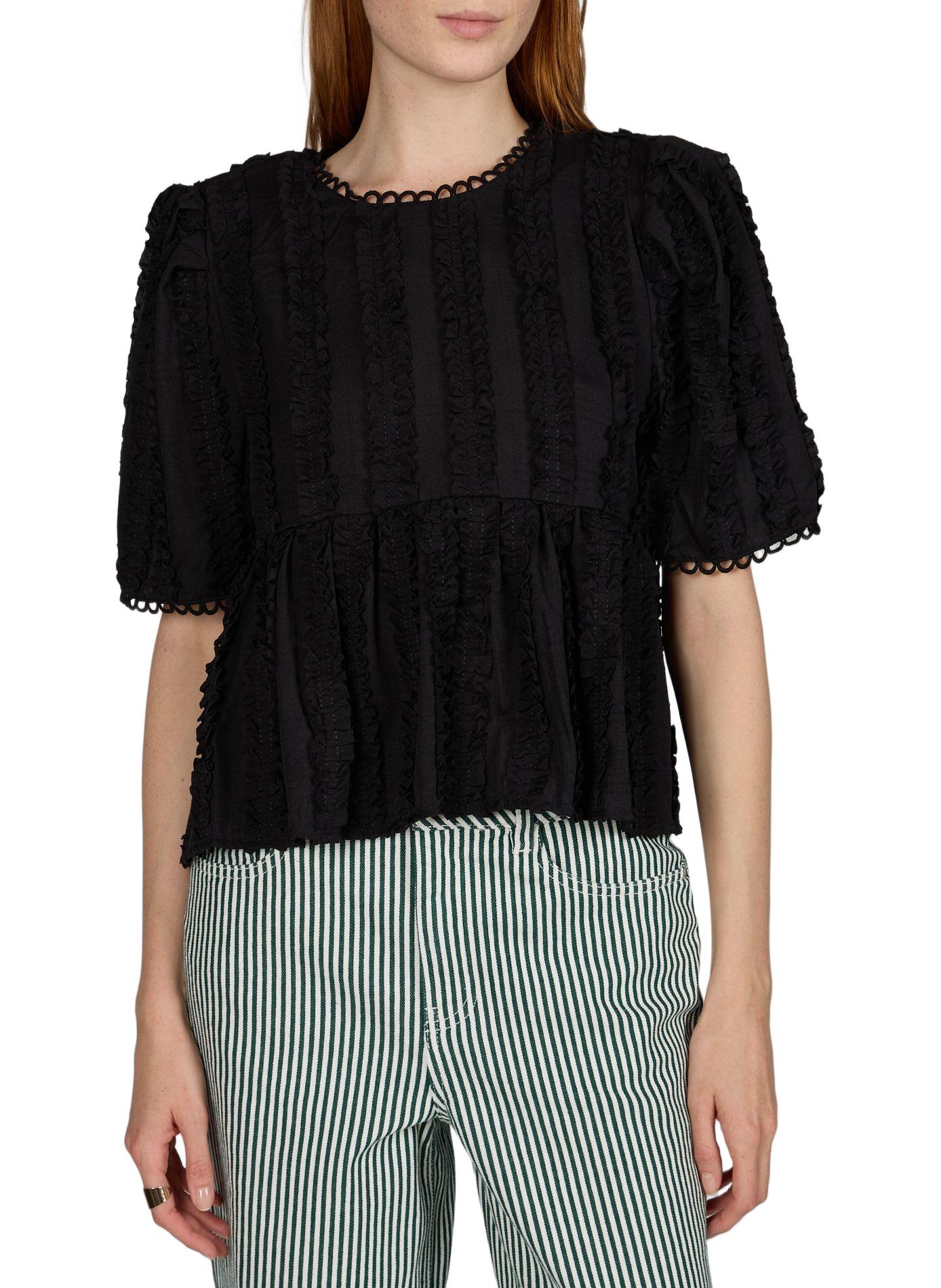 Top with ruffled round neckline scalloped OBJECT Black