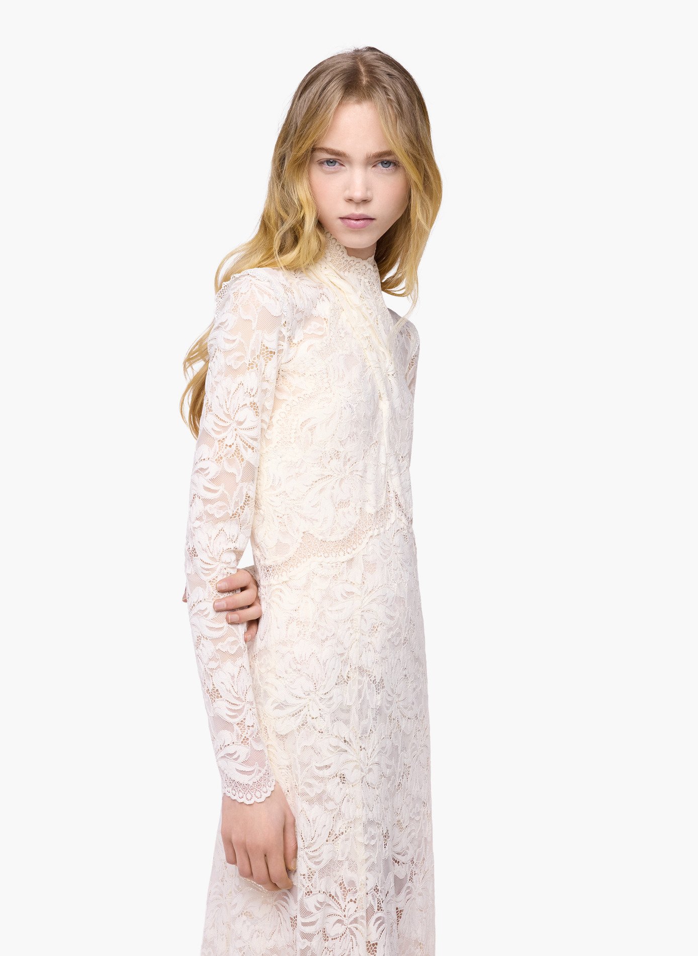 Robe longue en dentelle col montant RABANNE Blanc