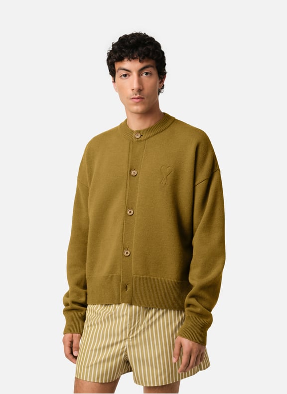 Cardigan col rond ami de coeur embossé Vert by AMI PARIS AMI PARIS Cardigan col rond ami de coeur embossé Vert