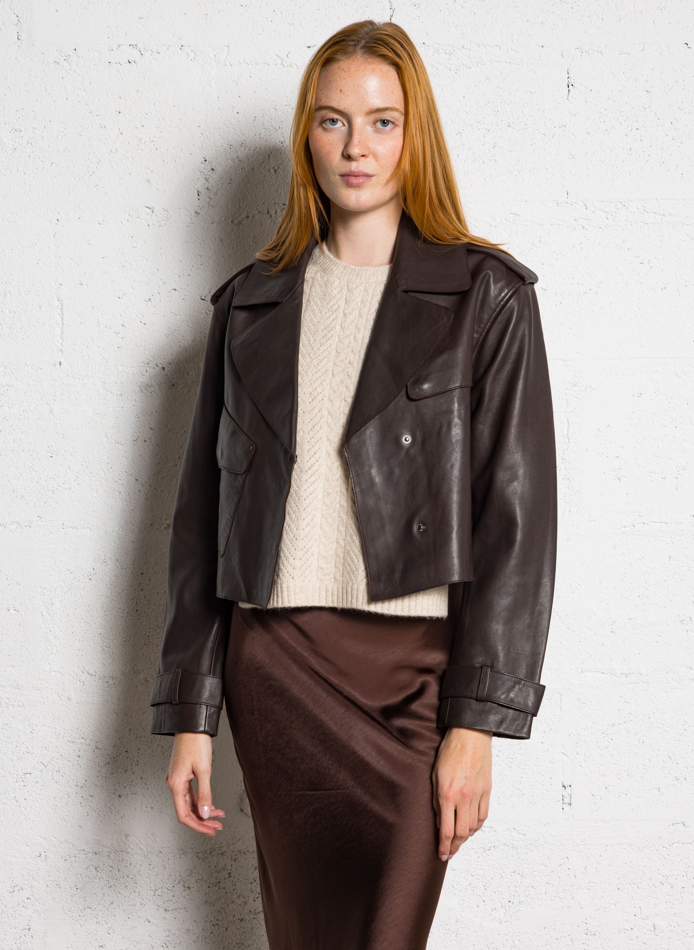 Blouson col tailleur en cuir IKKS Marron