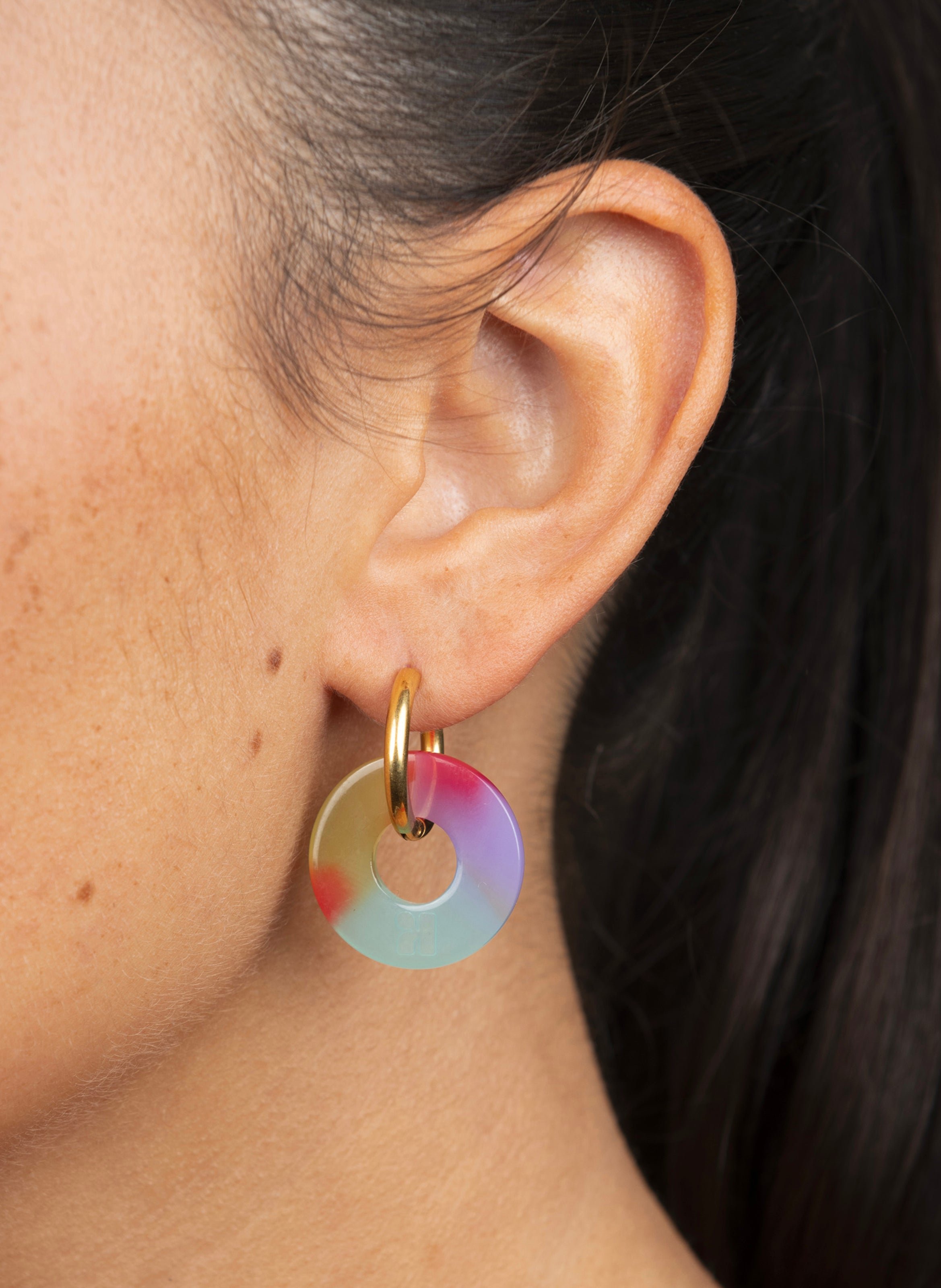 Boucles d'oreilles donuts avec anneaux en acier inoxydable doré Multicolore