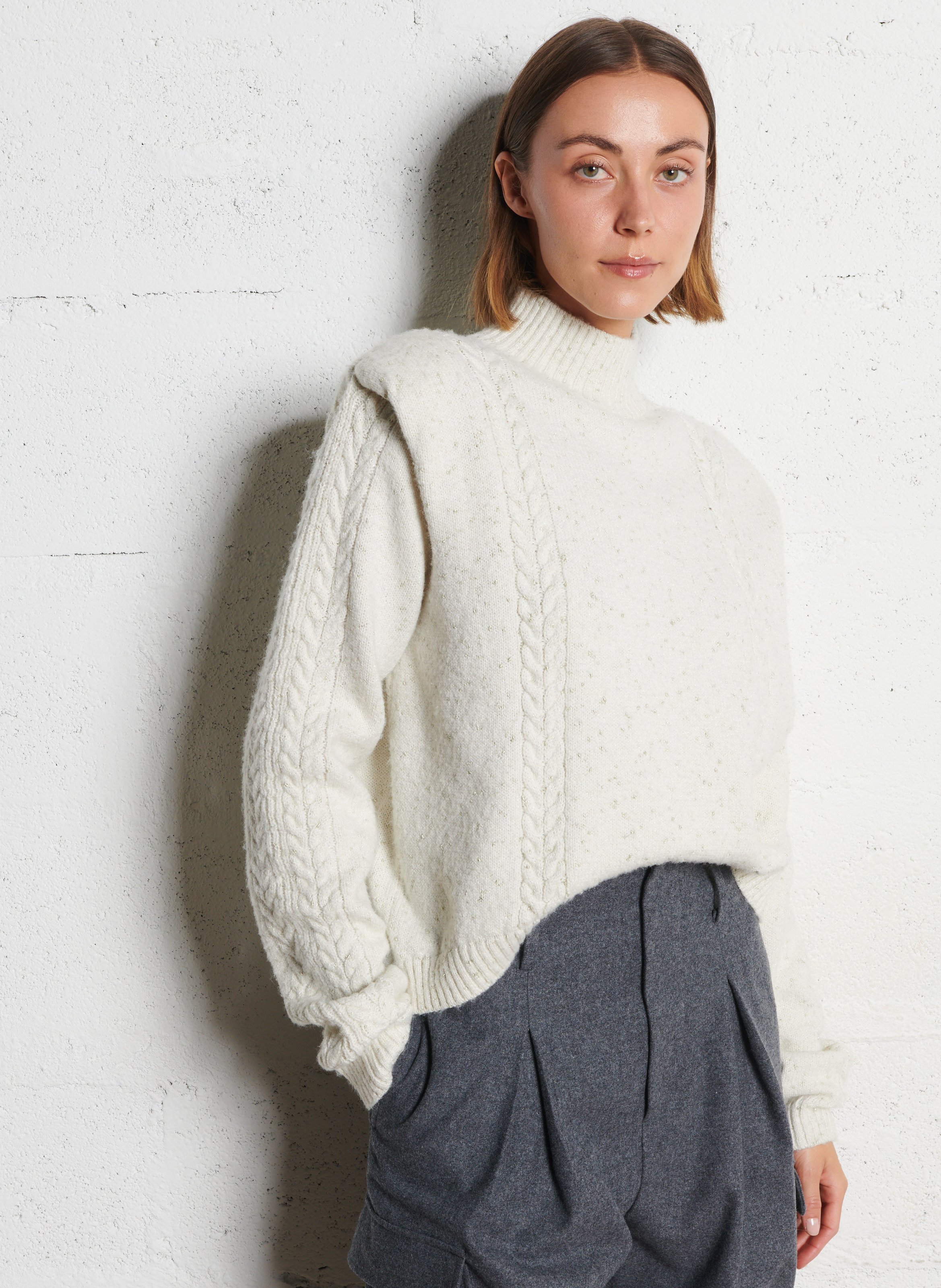 Pull court tressé à détails métallisés IKKS Blanc