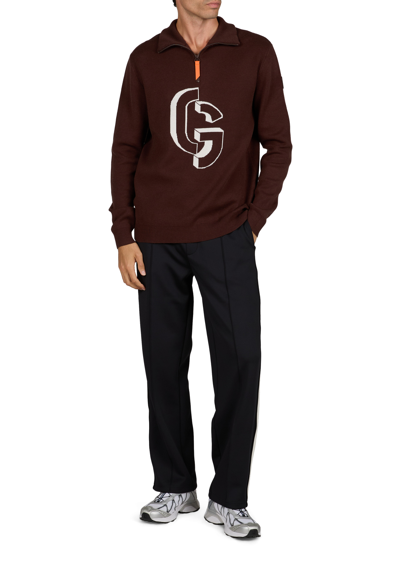Straight-cut sweater with high collar and zippered pattern. GERTRUDE Red