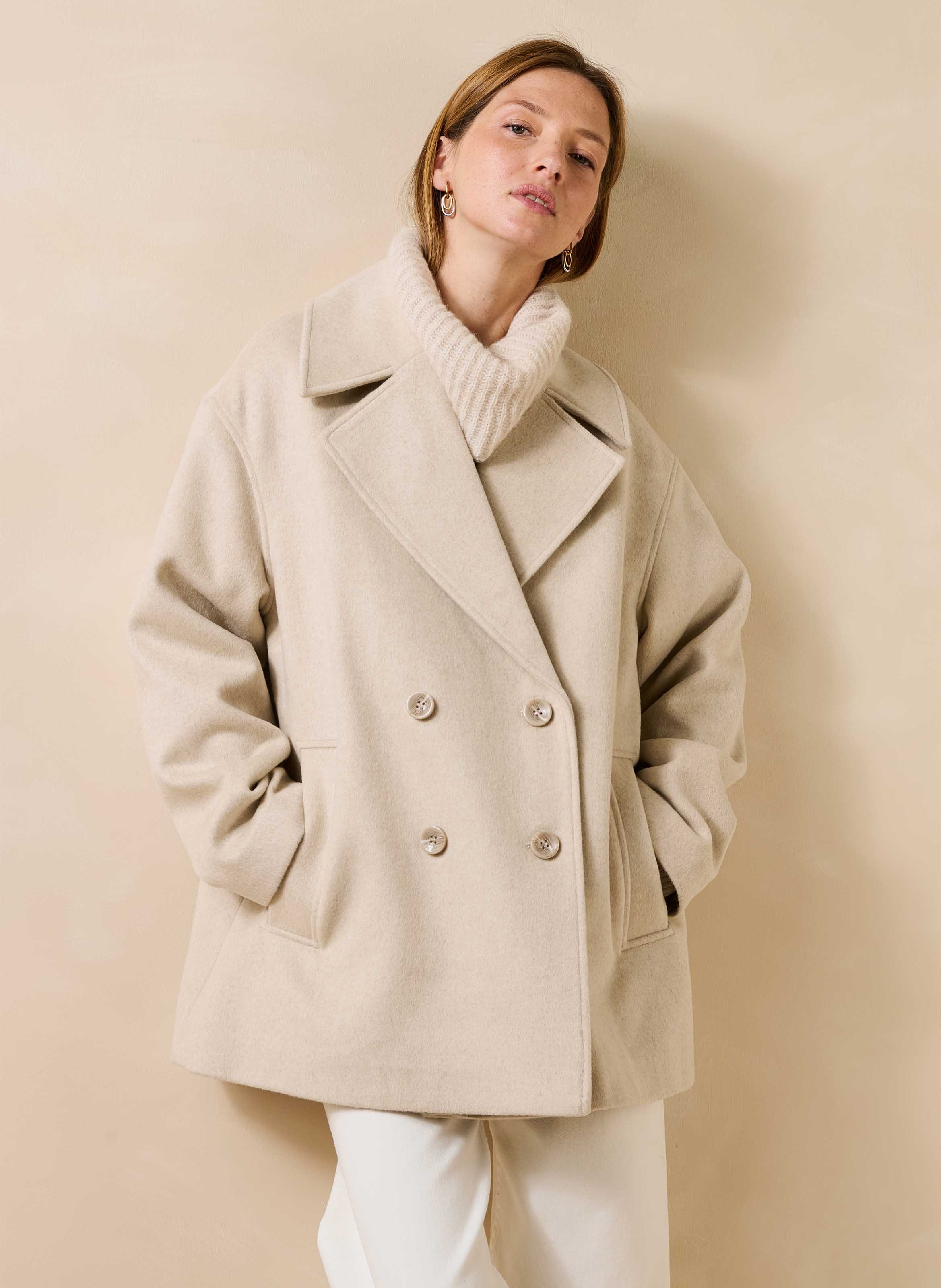 Ruimvallende effen peacoat van wolmix LA FEE MARABOUTEE Wit