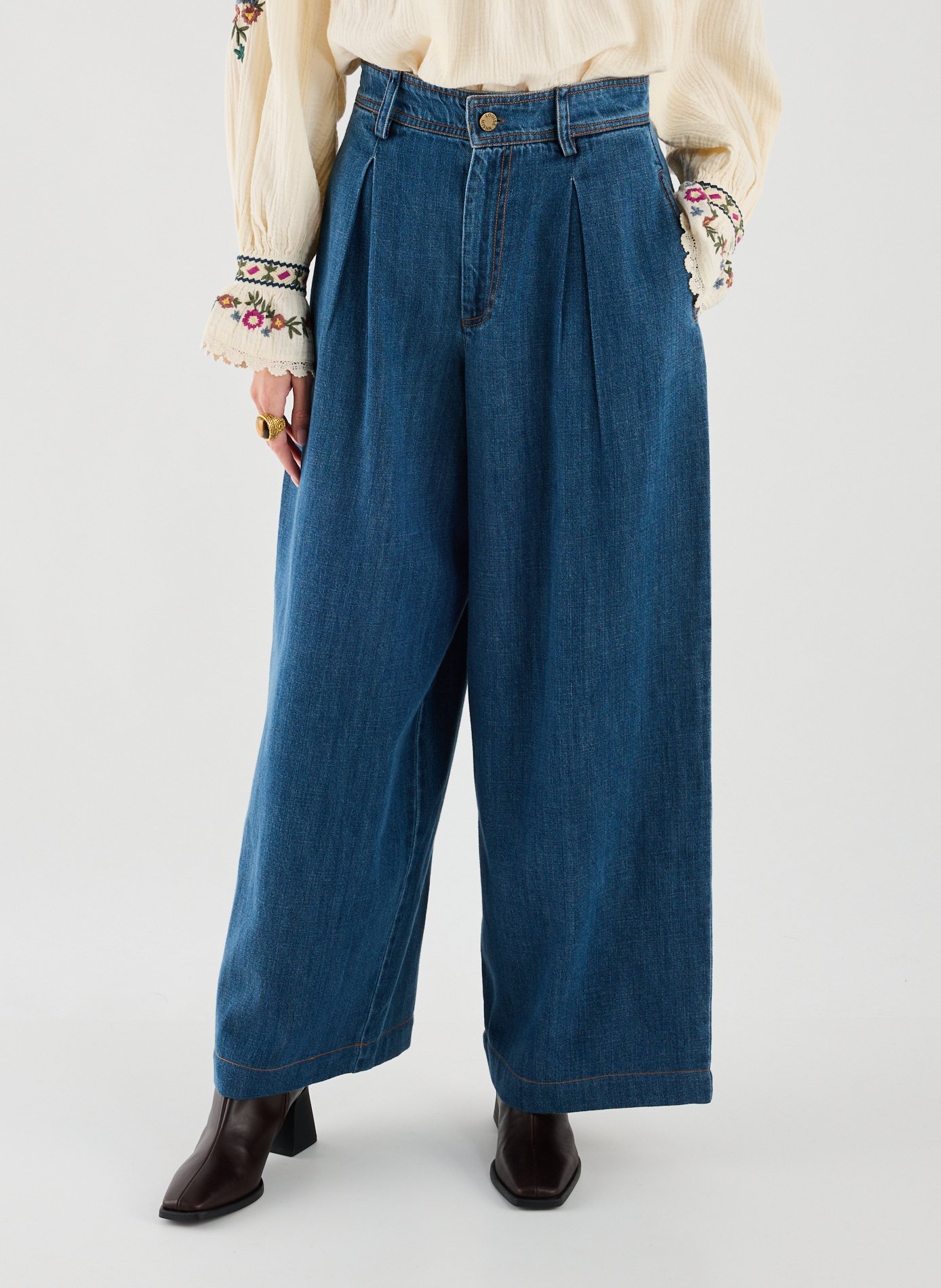 LOUISE MISHA Cotton-blend wide-leg trousers Blue