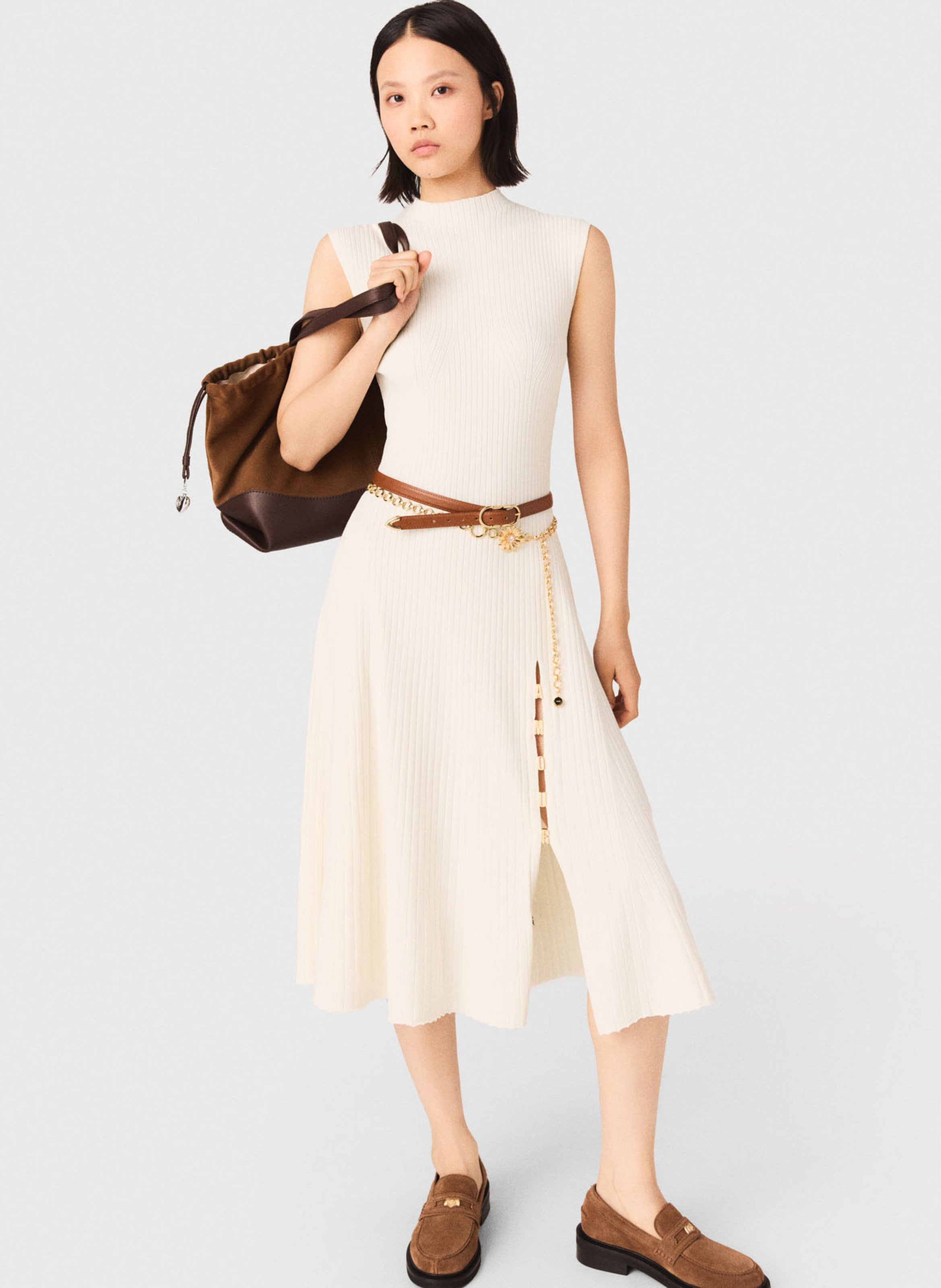 Robe midi col rond en maille côtelée MAJE Beige