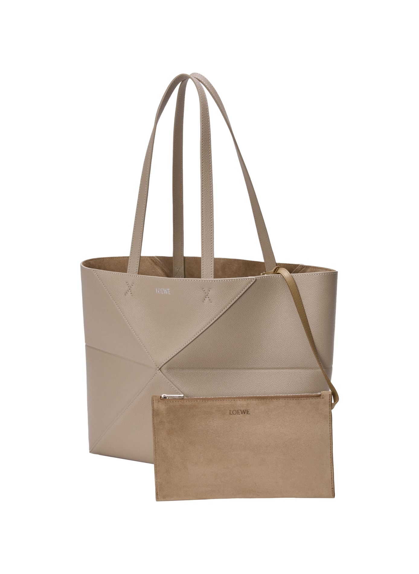 Puzzle Fold tote horizontal moyen en cuir de veau grainé souple LOEWE Beige