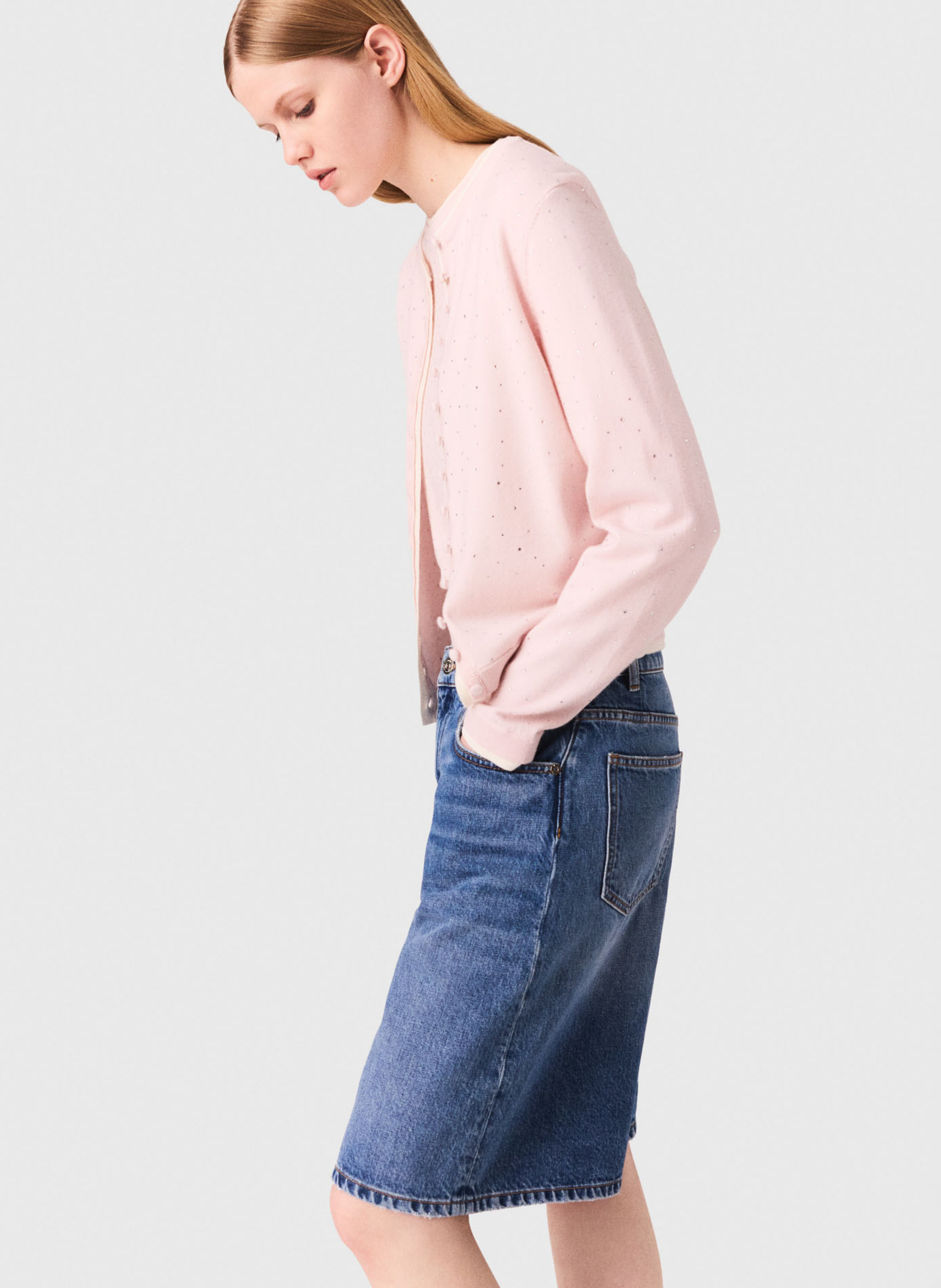 Cardigan droit en laine mélangée Rose