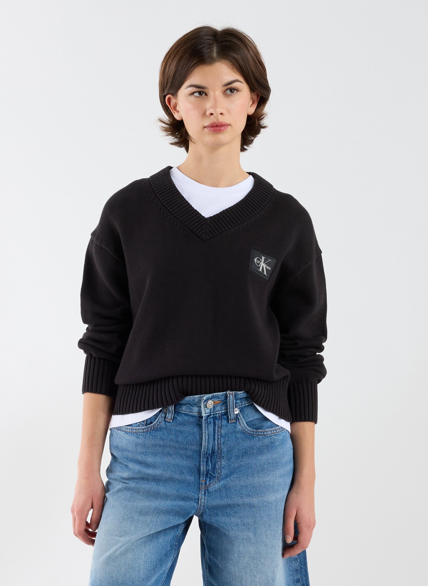 CALVIN KLEIN Cotton V-neck jumper Black