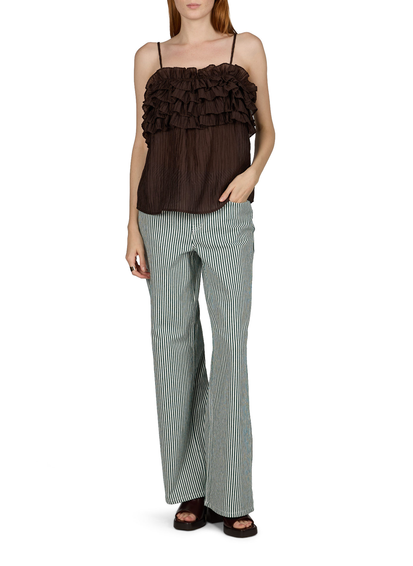 Sleeveless pleated top with ruffled neckline OBJECT Brown