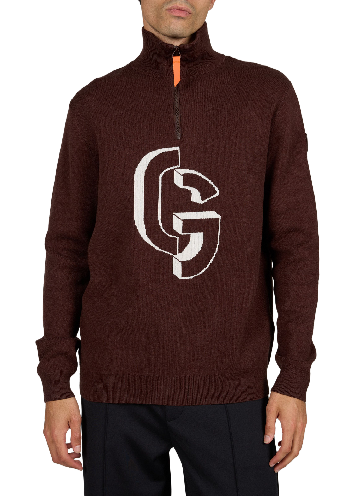 Straight-cut sweater with high collar and zippered pattern. GERTRUDE Red