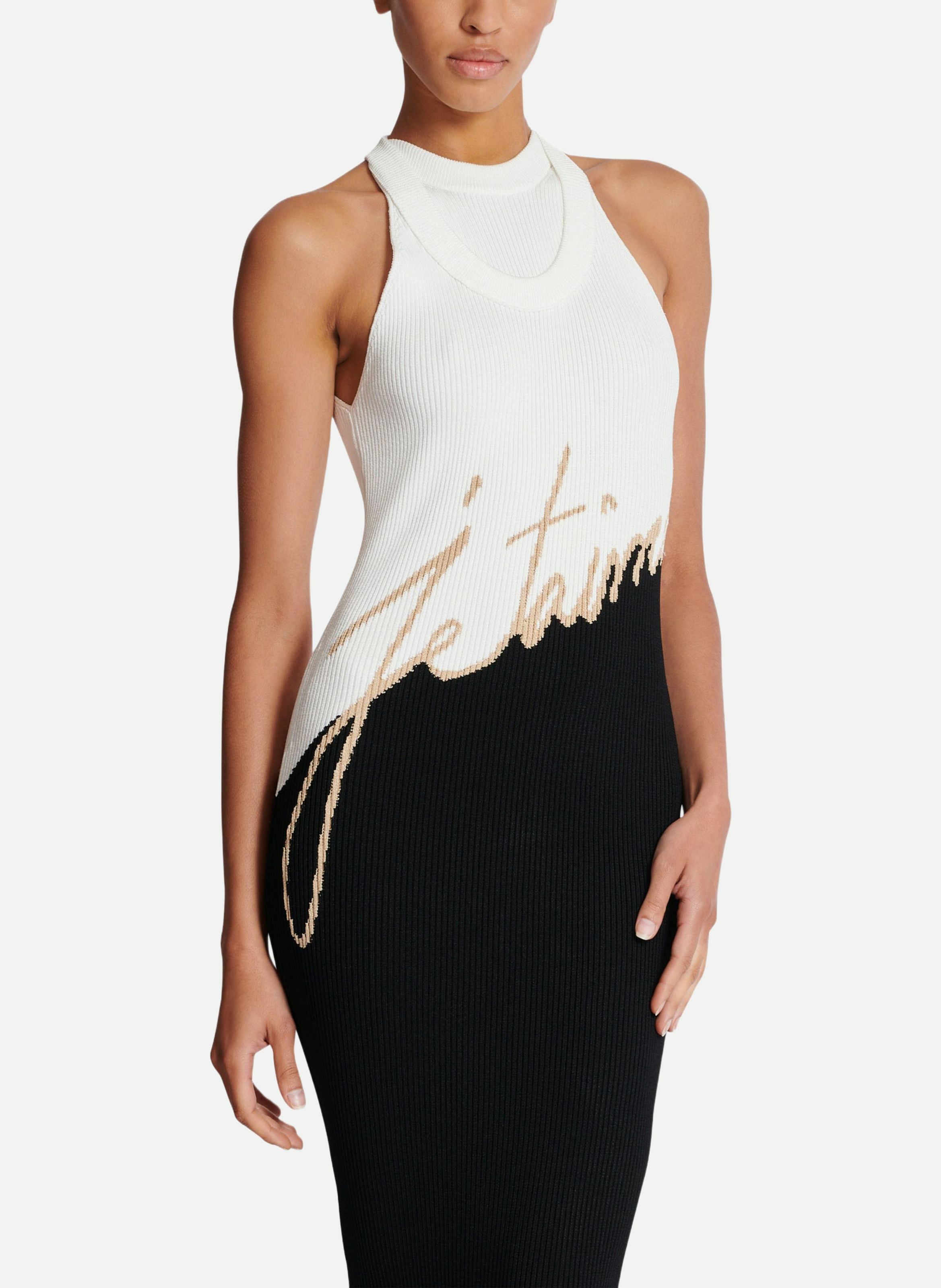 Robe longue en maille jacquard « lettre d'amour » BALMAIN Noir