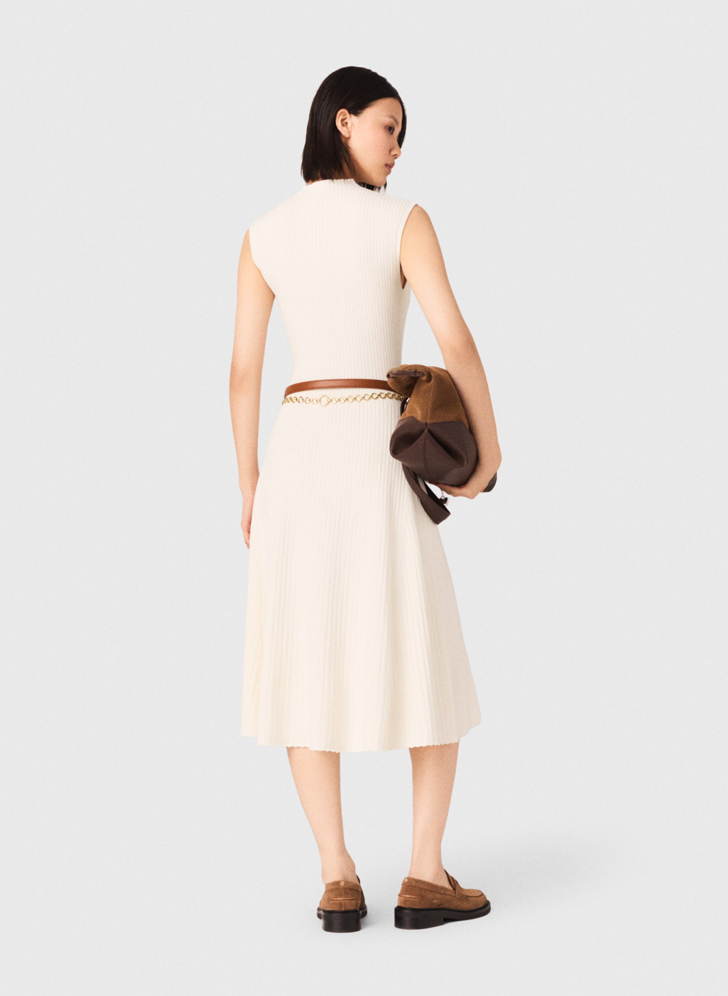 Robe midi col rond en maille côtelée MAJE Beige