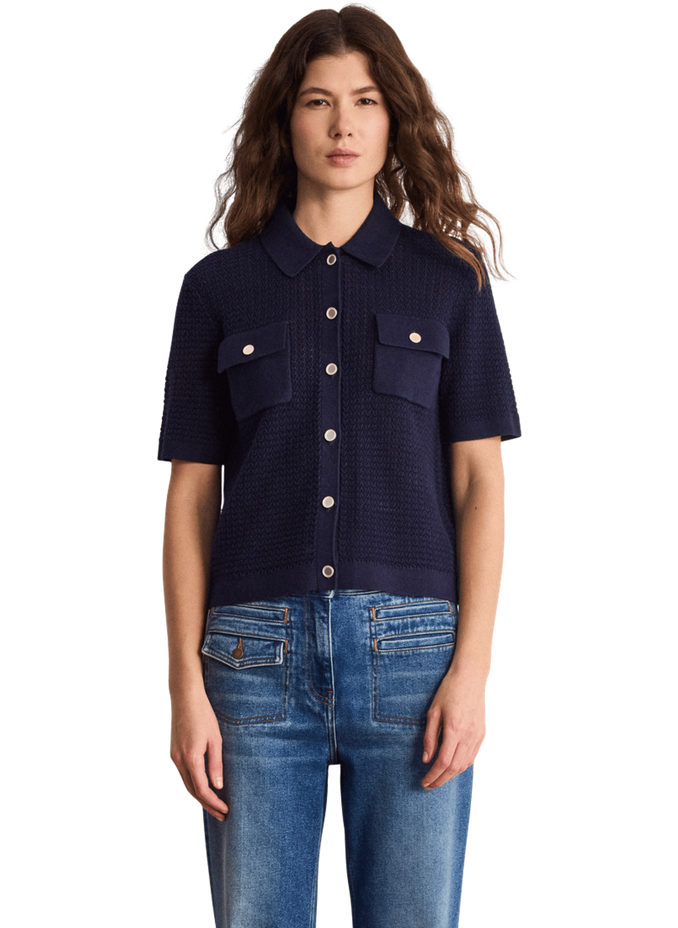 Polo boutonné en lin et coton ajourés - LALIA PABLO Bleu