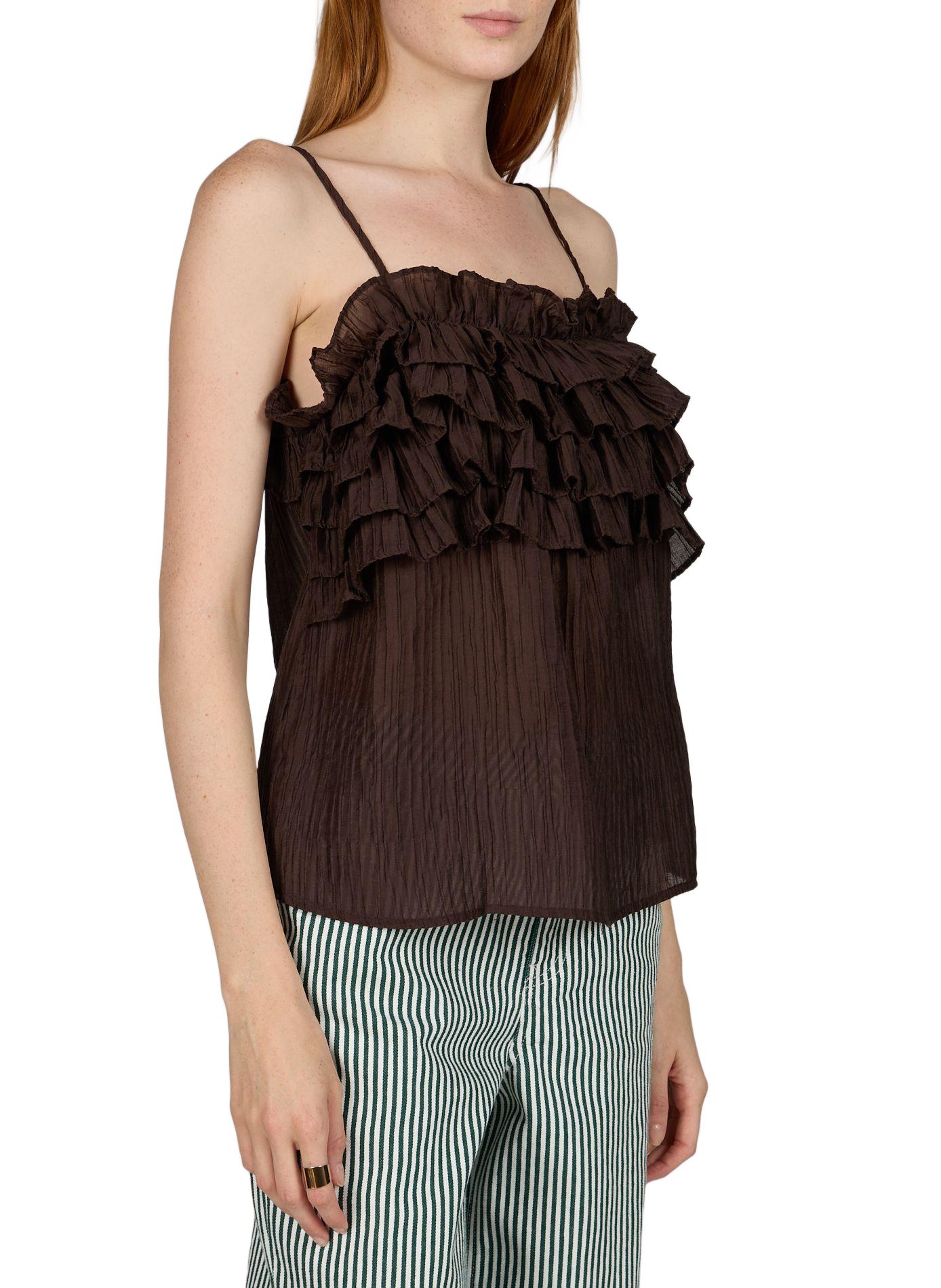 Sleeveless pleated top with ruffled neckline OBJECT Brown