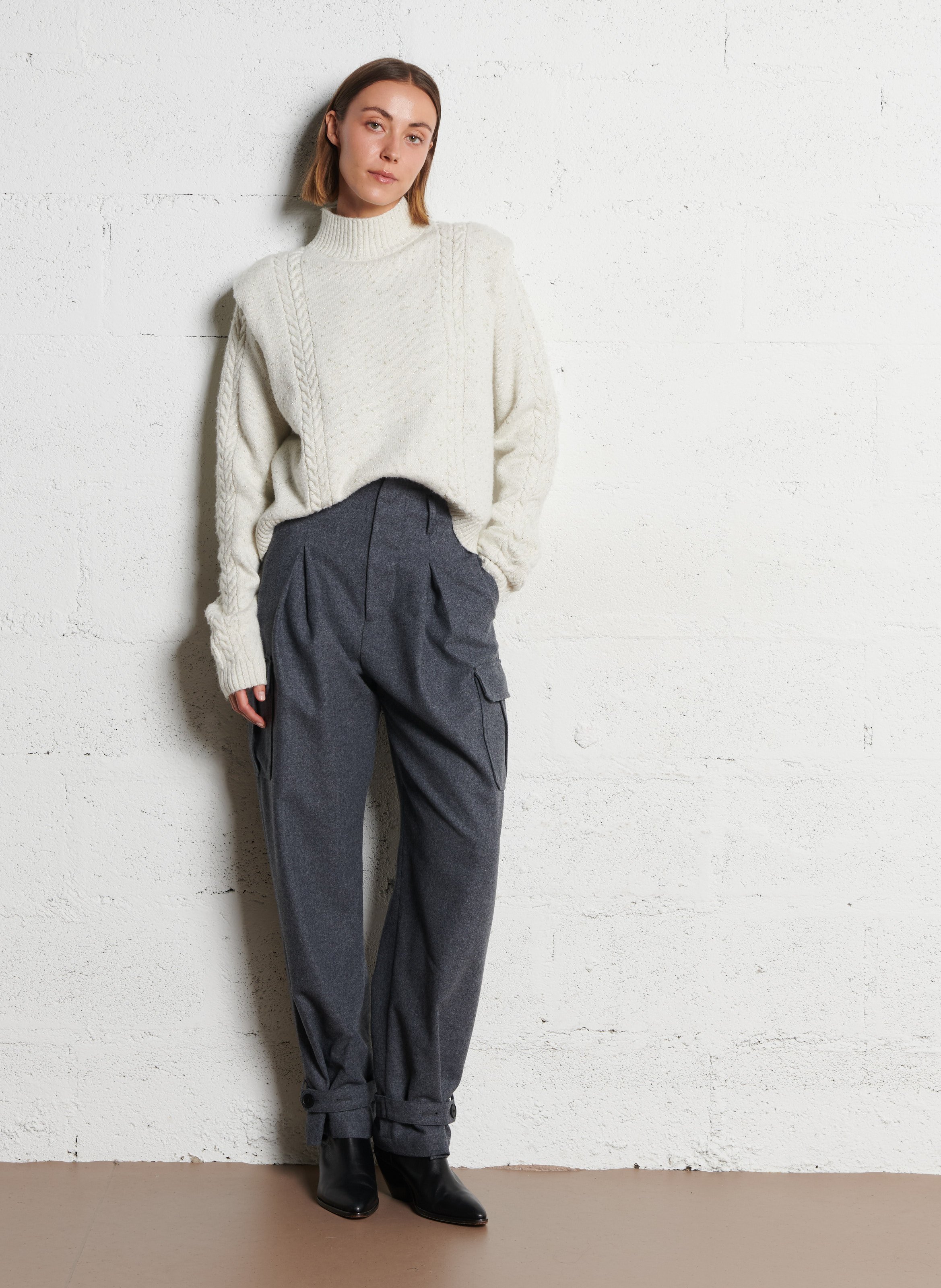 Pull court tressé à détails métallisés IKKS Blanc