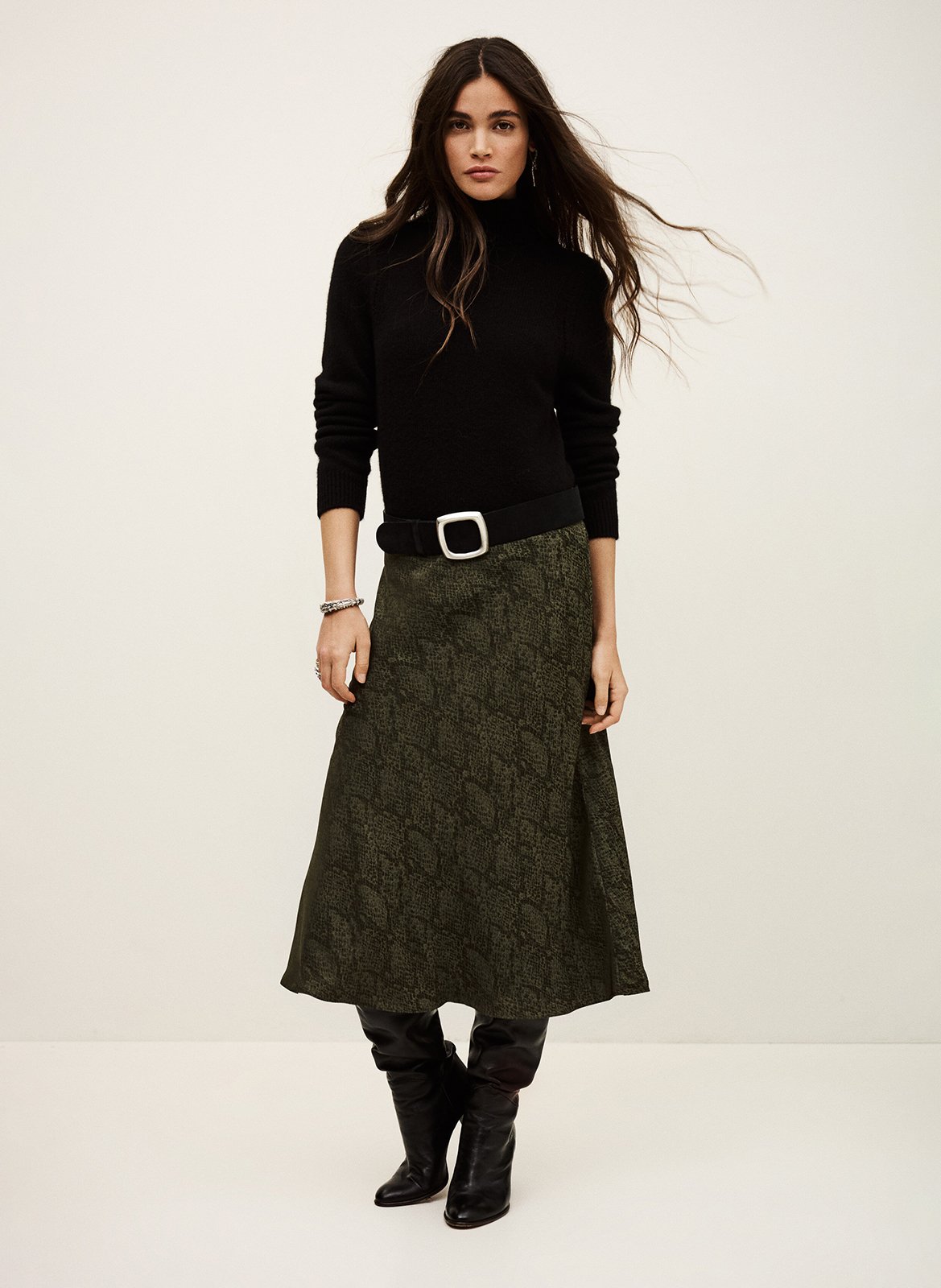 Jupe midi fluide jacquard python rista BA&SH Kaki