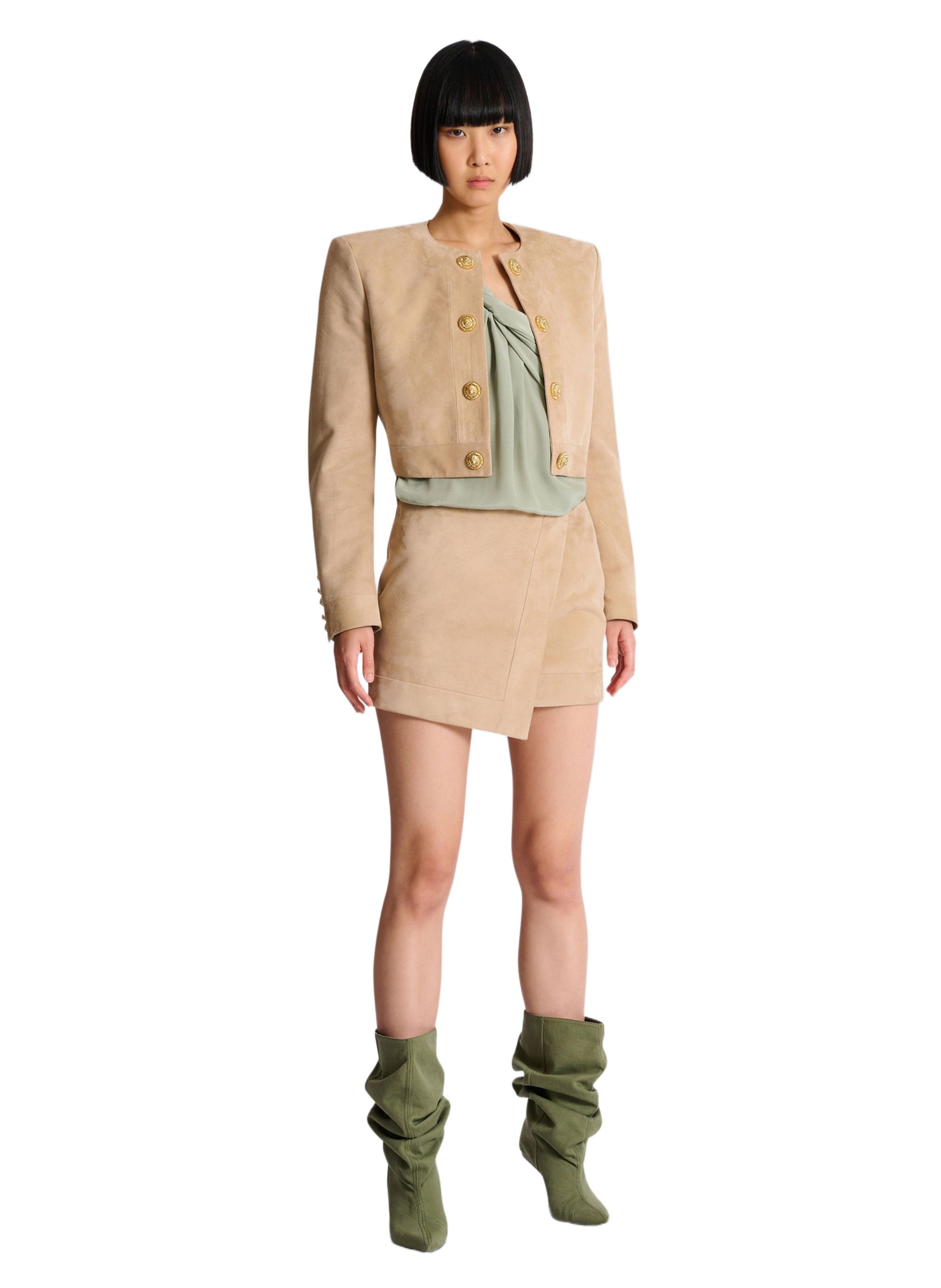 Jupe portefeuille en cuir suédé BALMAIN Beige