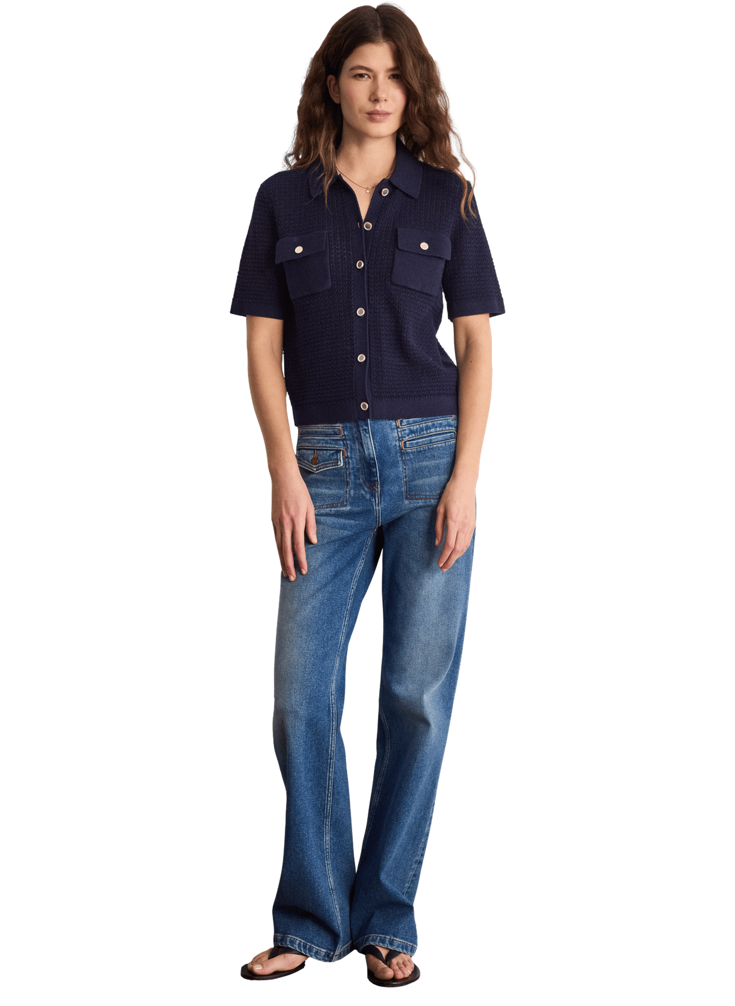 Polo boutonné en lin et coton ajourés - LALIA PABLO Bleu