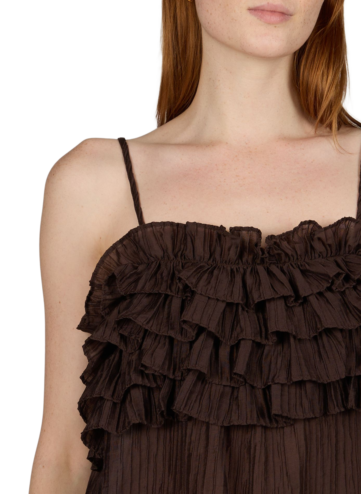 Sleeveless pleated top with ruffled neckline OBJECT Brown