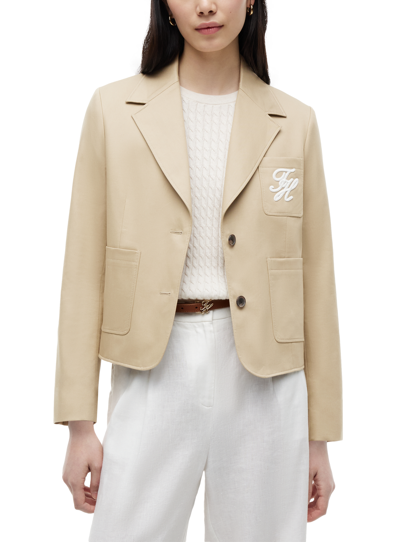 Blazer court à logo brodé en coton | Beige TOMMY HILFIGER Femme
