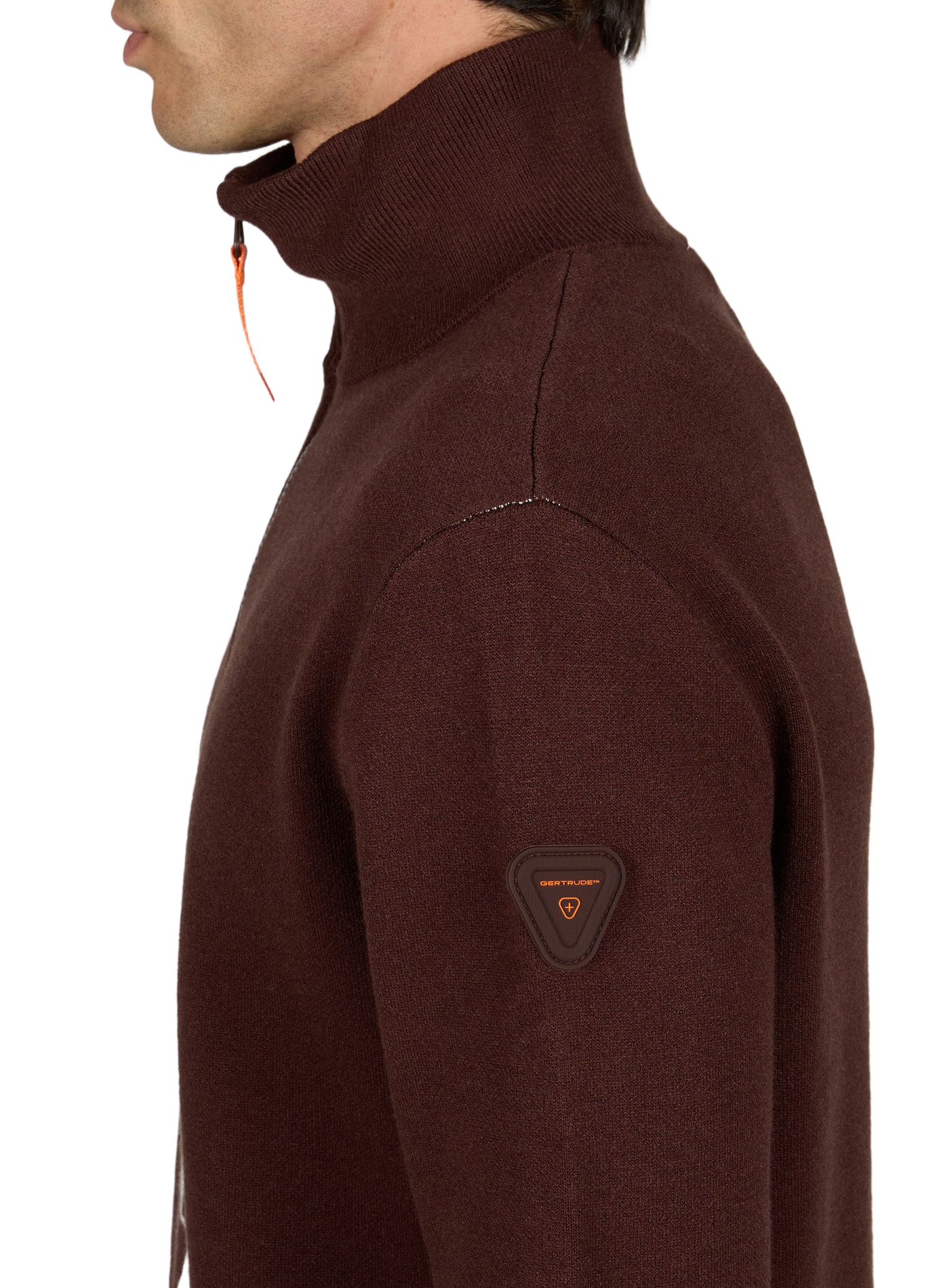 Straight-cut sweater with high collar and zippered pattern. GERTRUDE Red