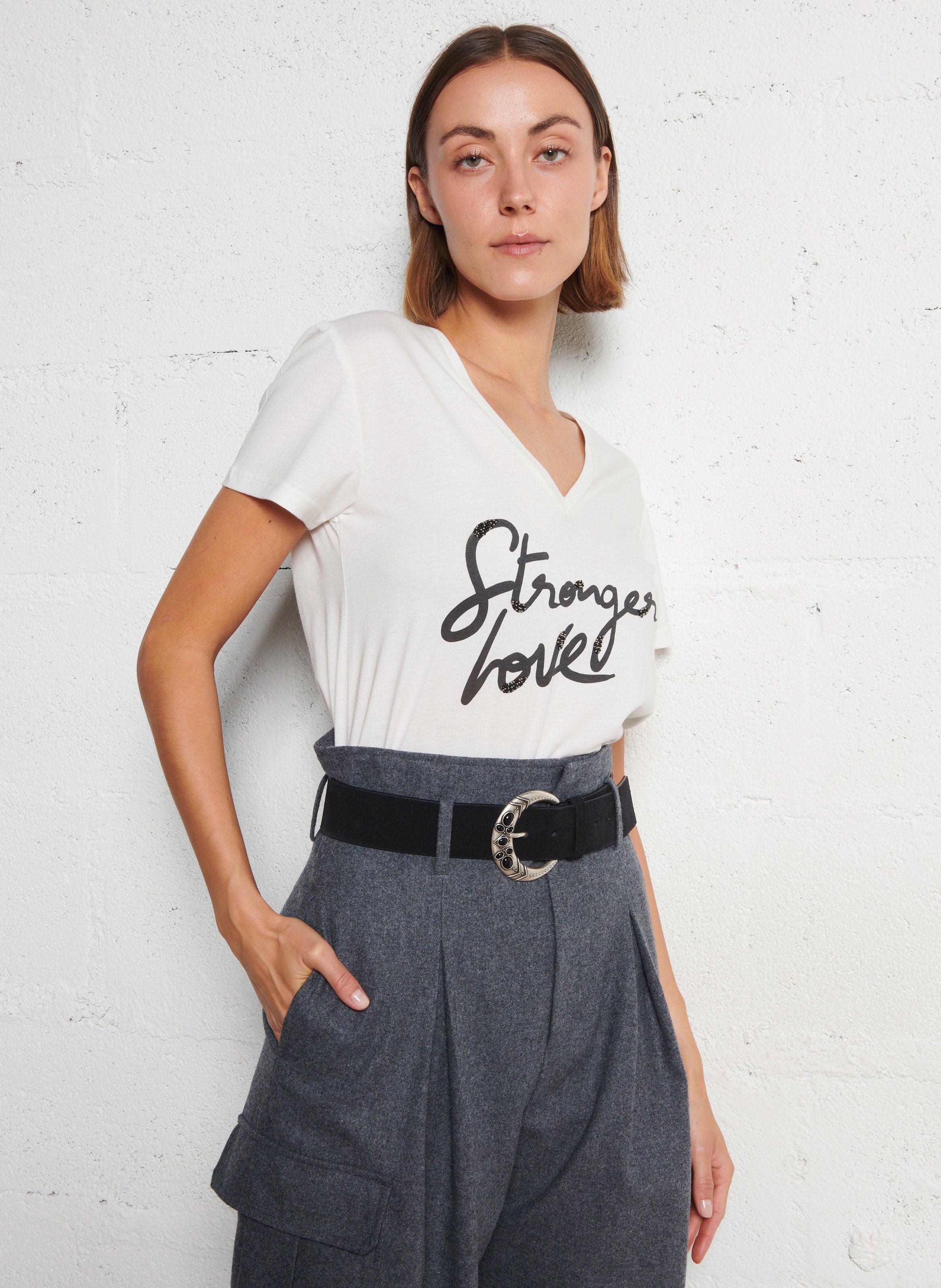 Tee-shirt col v en coton mélangé IKKS Blanc