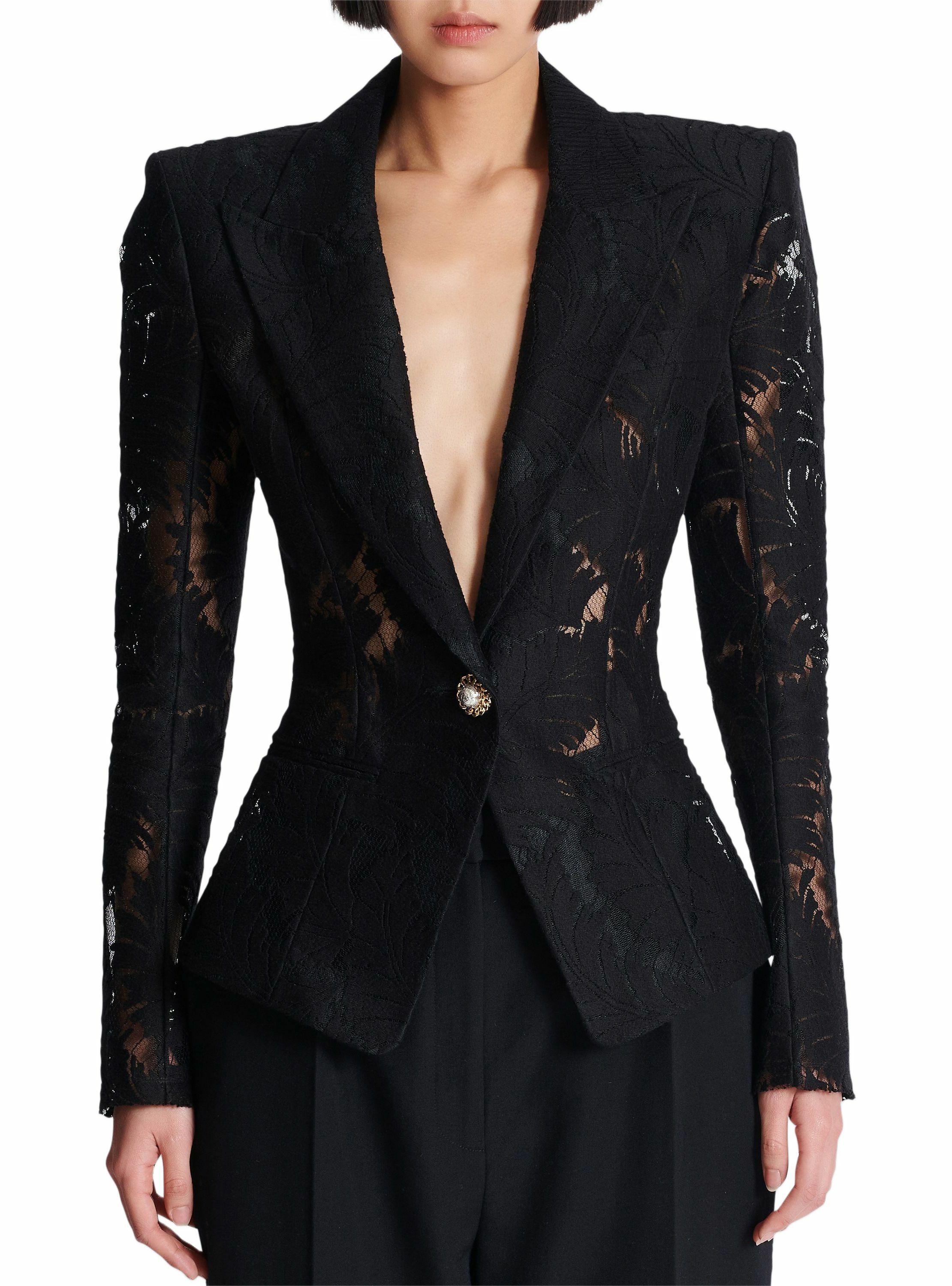 Veste 1 bouton ajustée en dentelle BALMAIN Noir