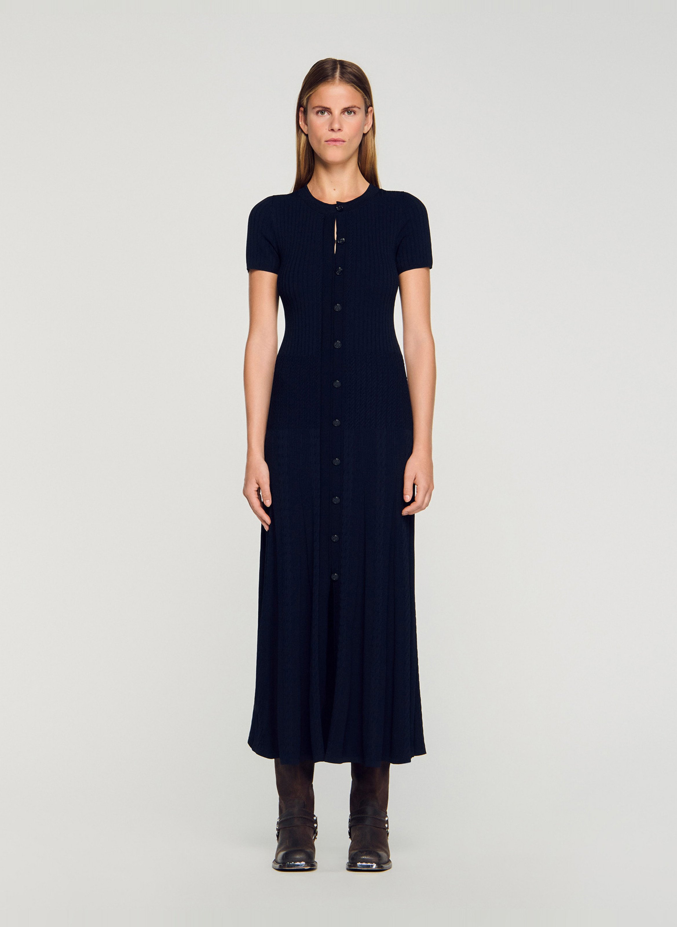 Robe longue col rond en maille SANDRO Bleu