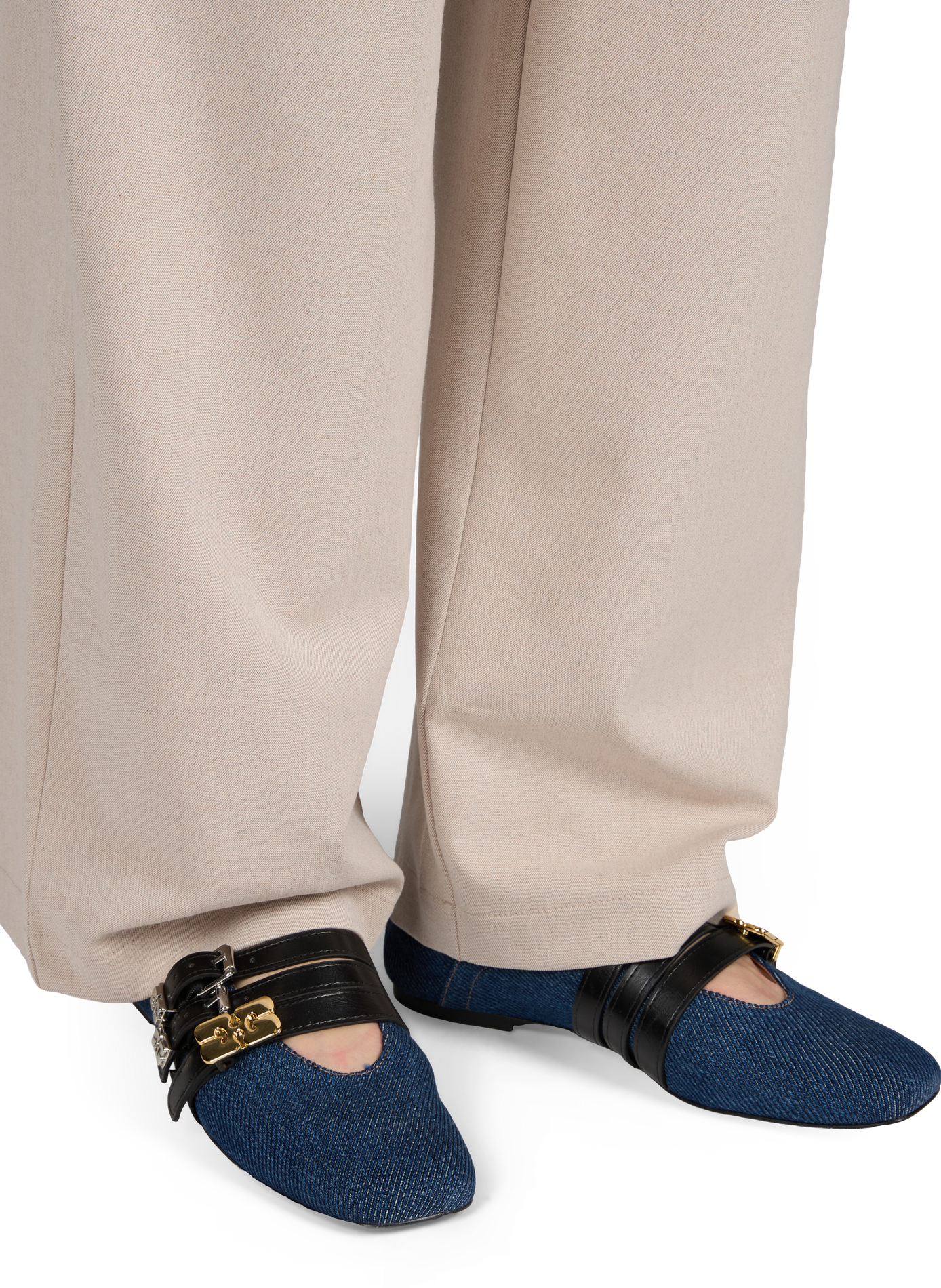 Denim ballet flats with cotton buckle trim GANNI Blue