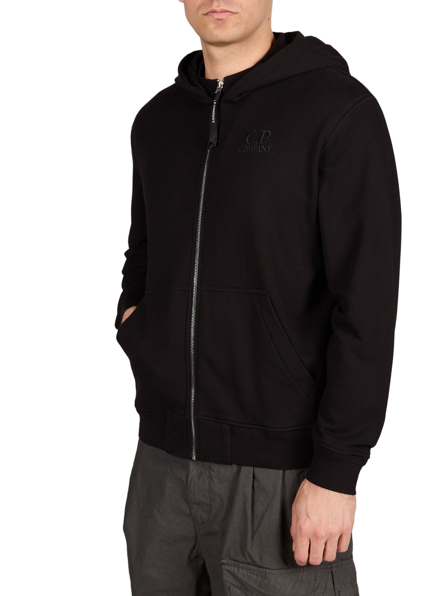 Hooded zip-up sweatshirt with diagonal relief in cotton CP COMPANY Black