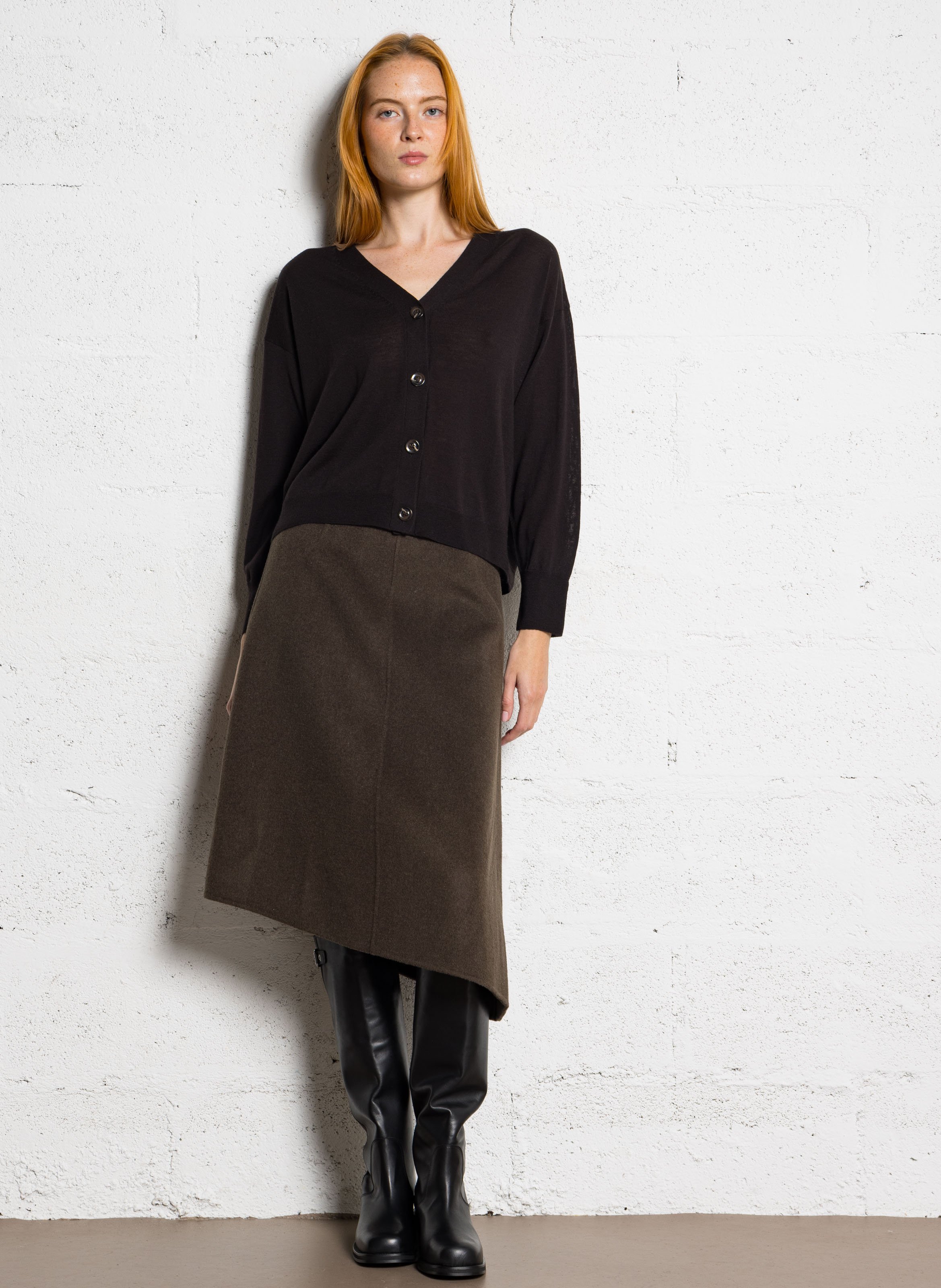 Jupe midi asymétrique en maine mélangée geneve SOEUR Kaki