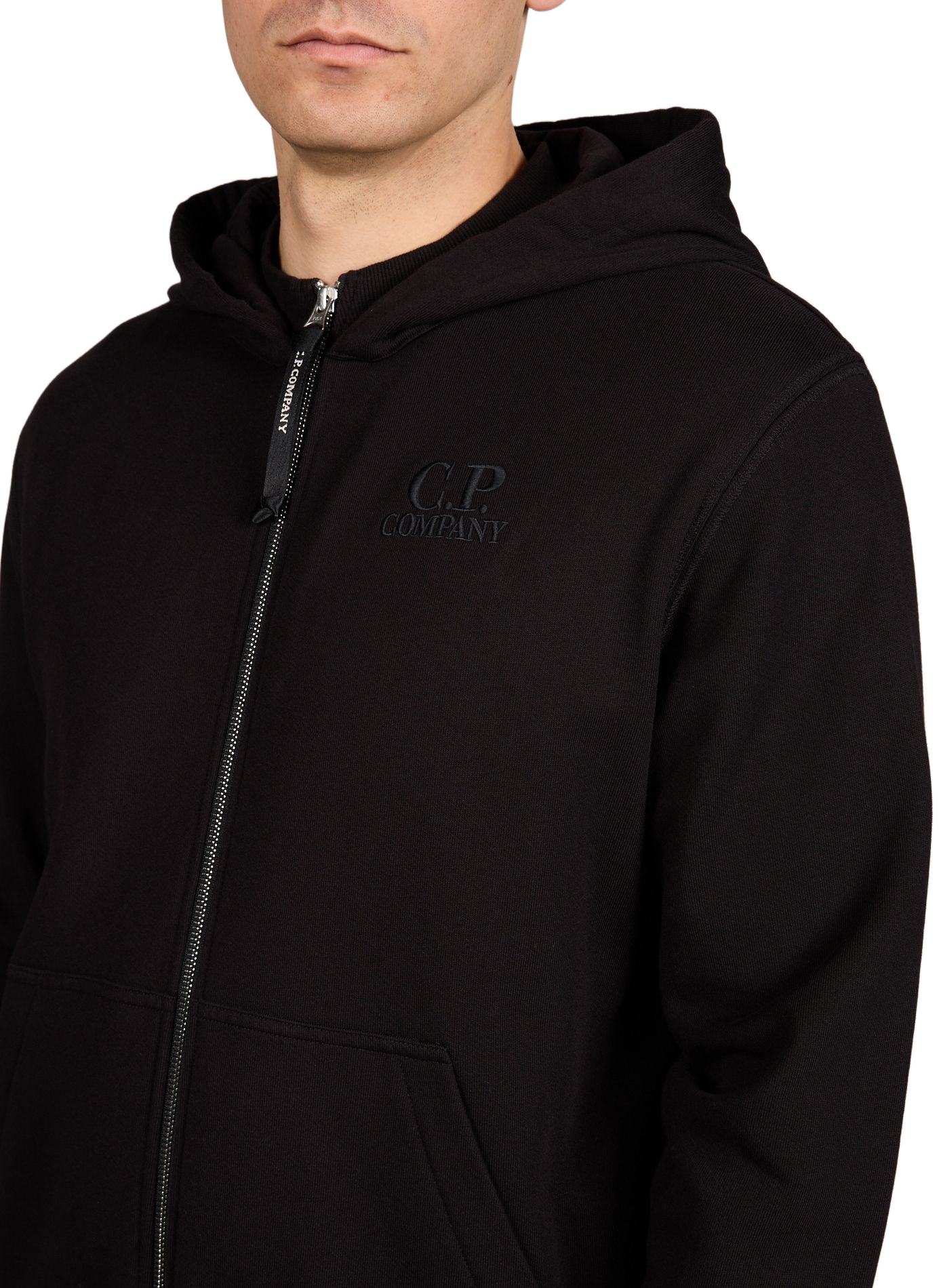 Hooded zip-up sweatshirt with diagonal relief in cotton CP COMPANY Black